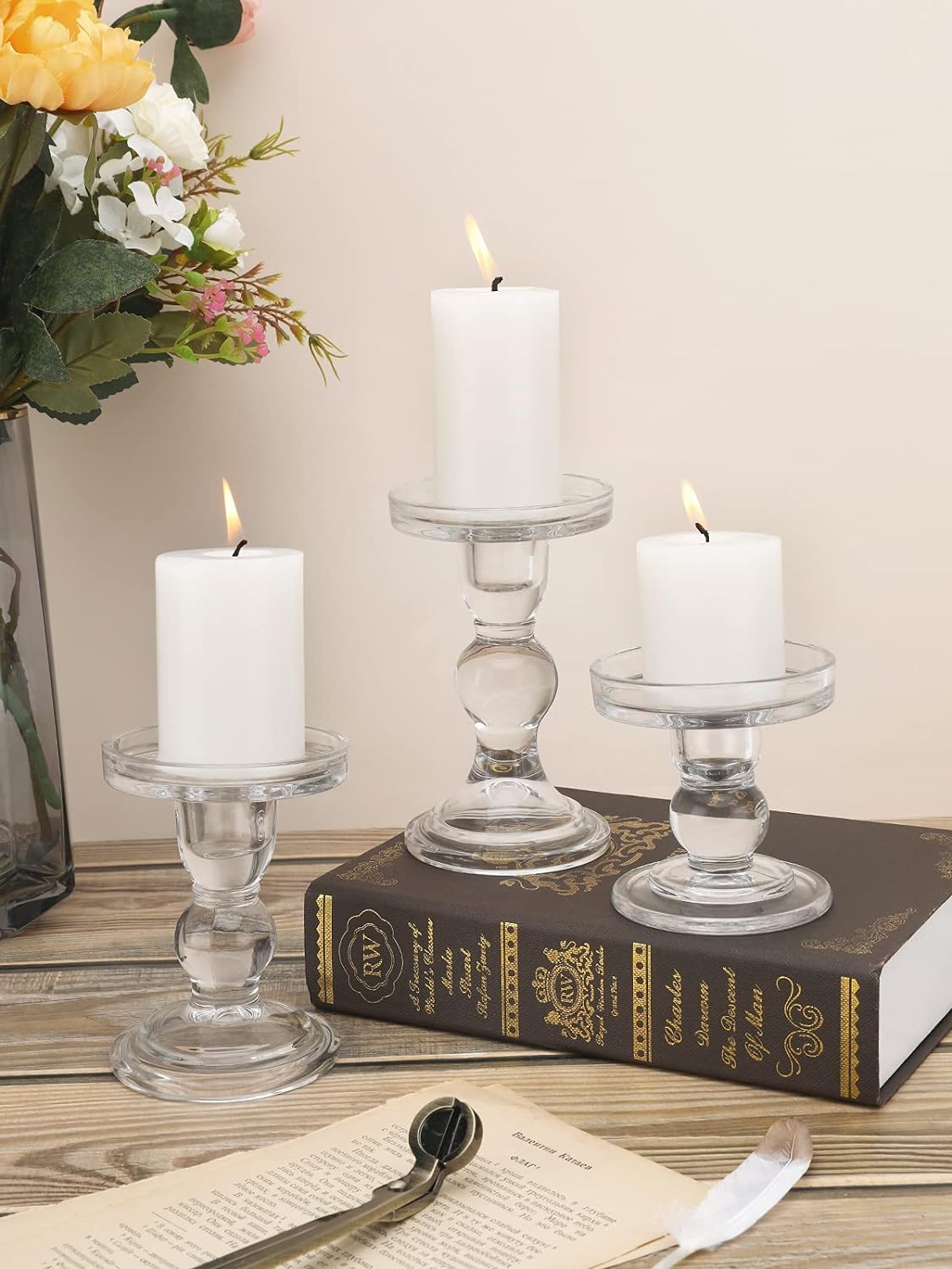 Lewondr Glass Candle Holders, Pillar Candle Holder, 3 Pcs, Crystal Clear | 5.5" 4.5" 3.5" Height, Glass Candlestick