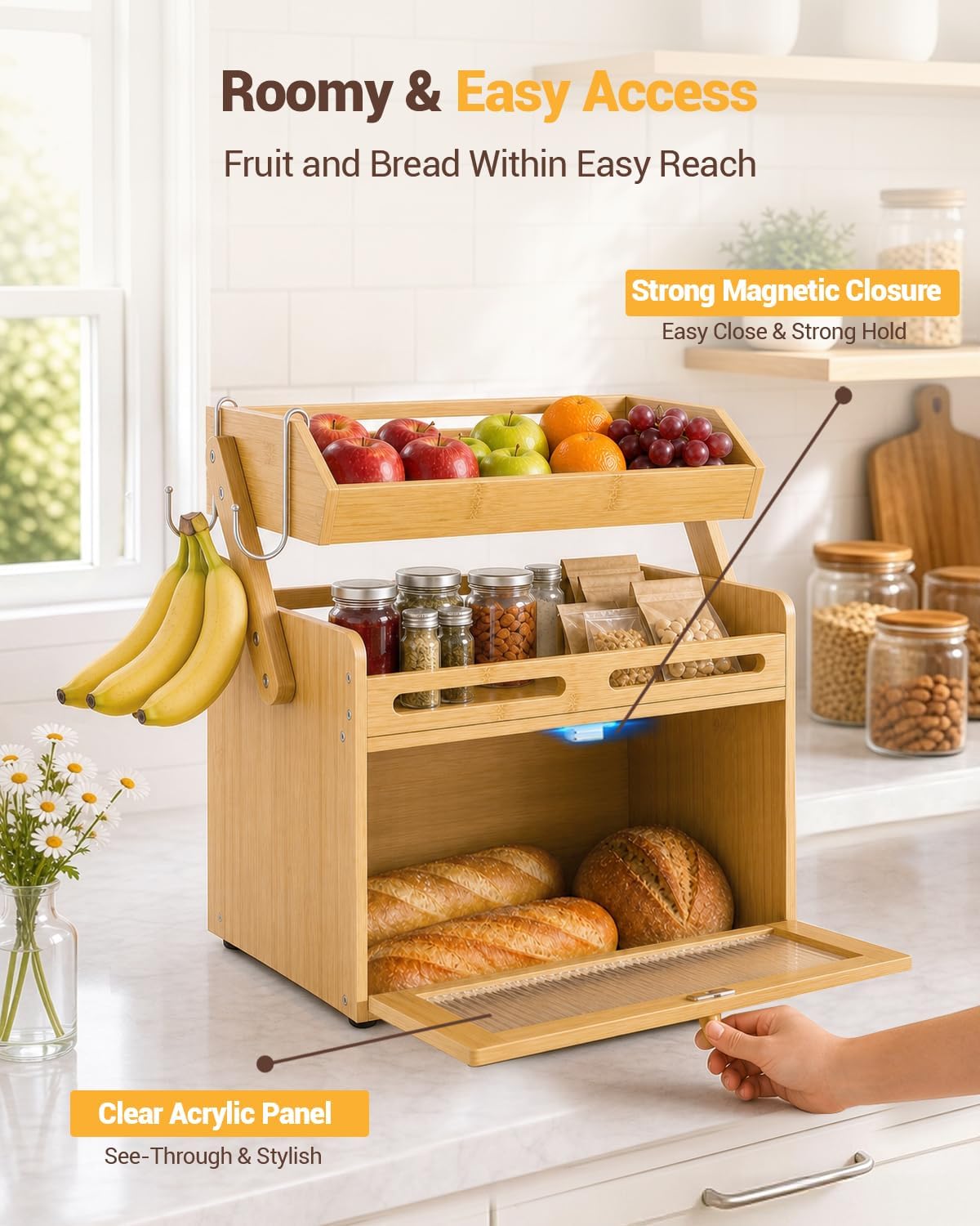 Bread Box for Kitchen Countertop, Bamboo Bread Storage with Fruit Basket | Raised-Rail Shelves, 2 Banana Hooks, Clear