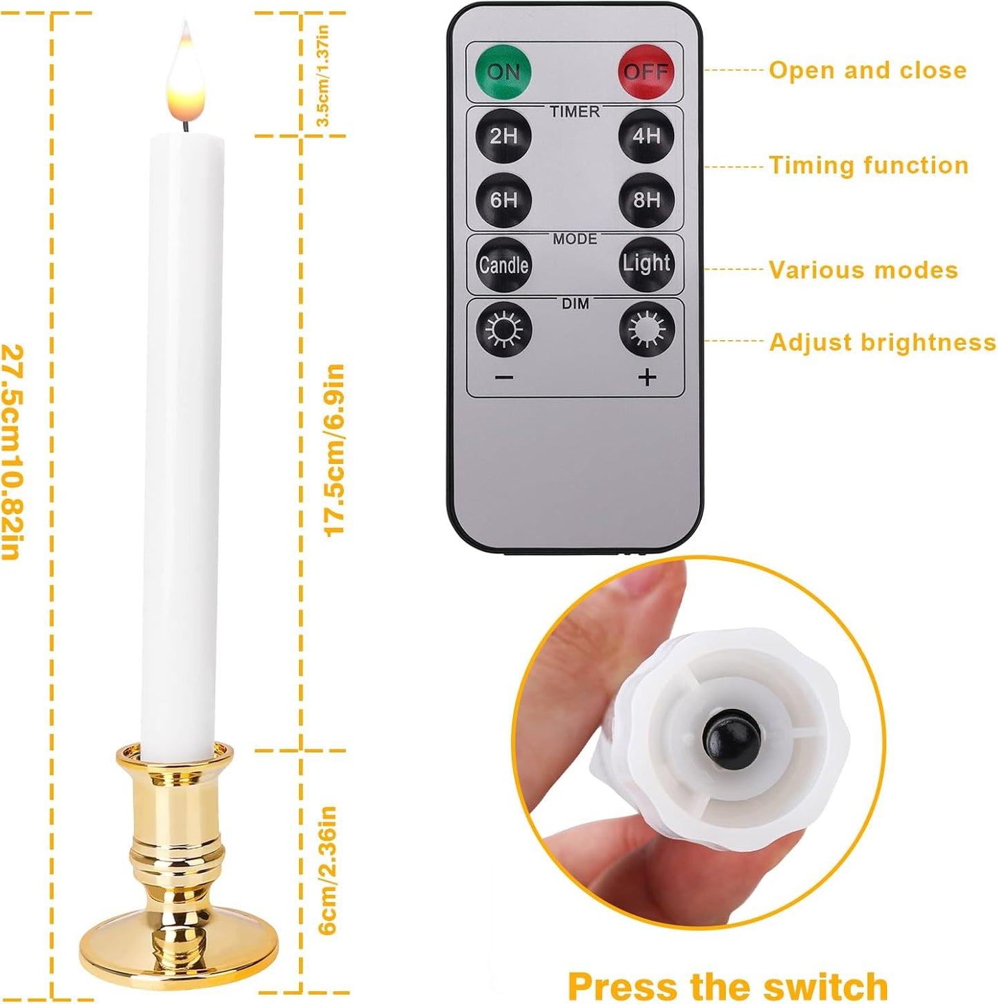 LED Flameless Window Candles with Remote Timer 10 PCS Battery Operated Flickering Taper Candle Lights with Removable