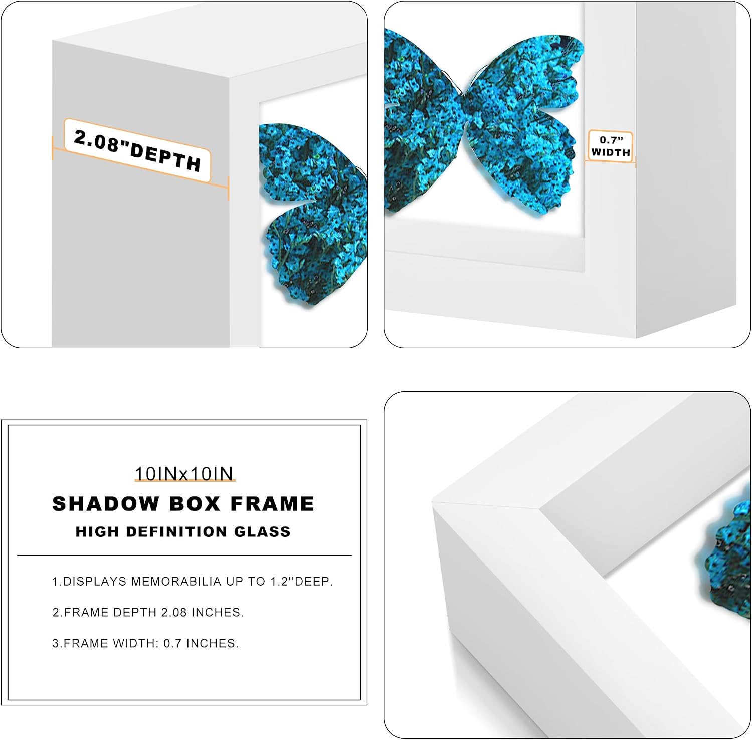 10x10 White Wooden Shadow Box Frame, 1.2" Deep, Tempered Glass | Black Backboard, Tabletop & Vertical/Horizontal Wall