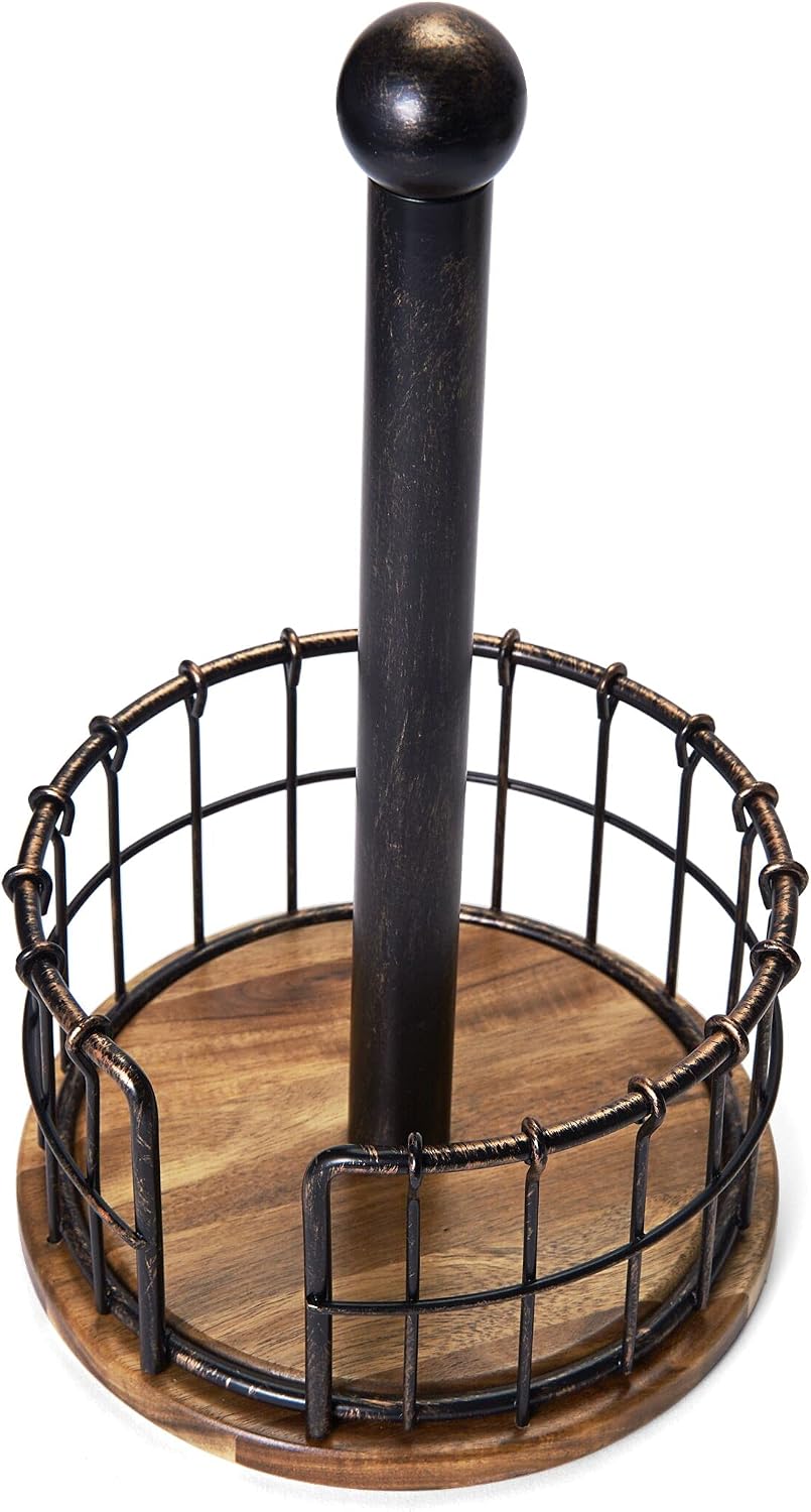 Pfaltzgraff Anvil Wire And Acacia Wood Paper Towel Holder, 13.25-Inch, Antique Black