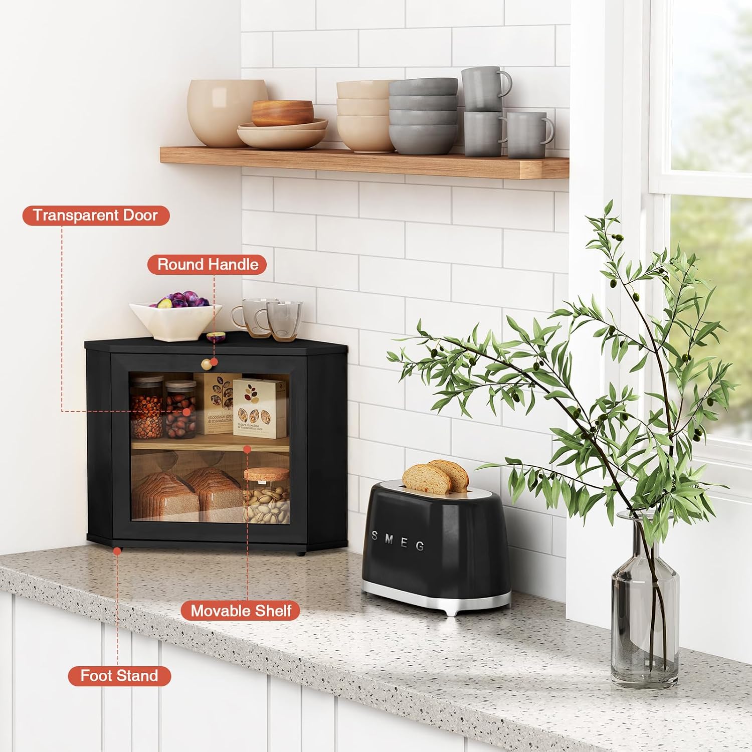 Goozii Corner Bread Box for Kitchen Countertop, Black Bread Storage Container for Homemade Bread, Two Layer Breadbox