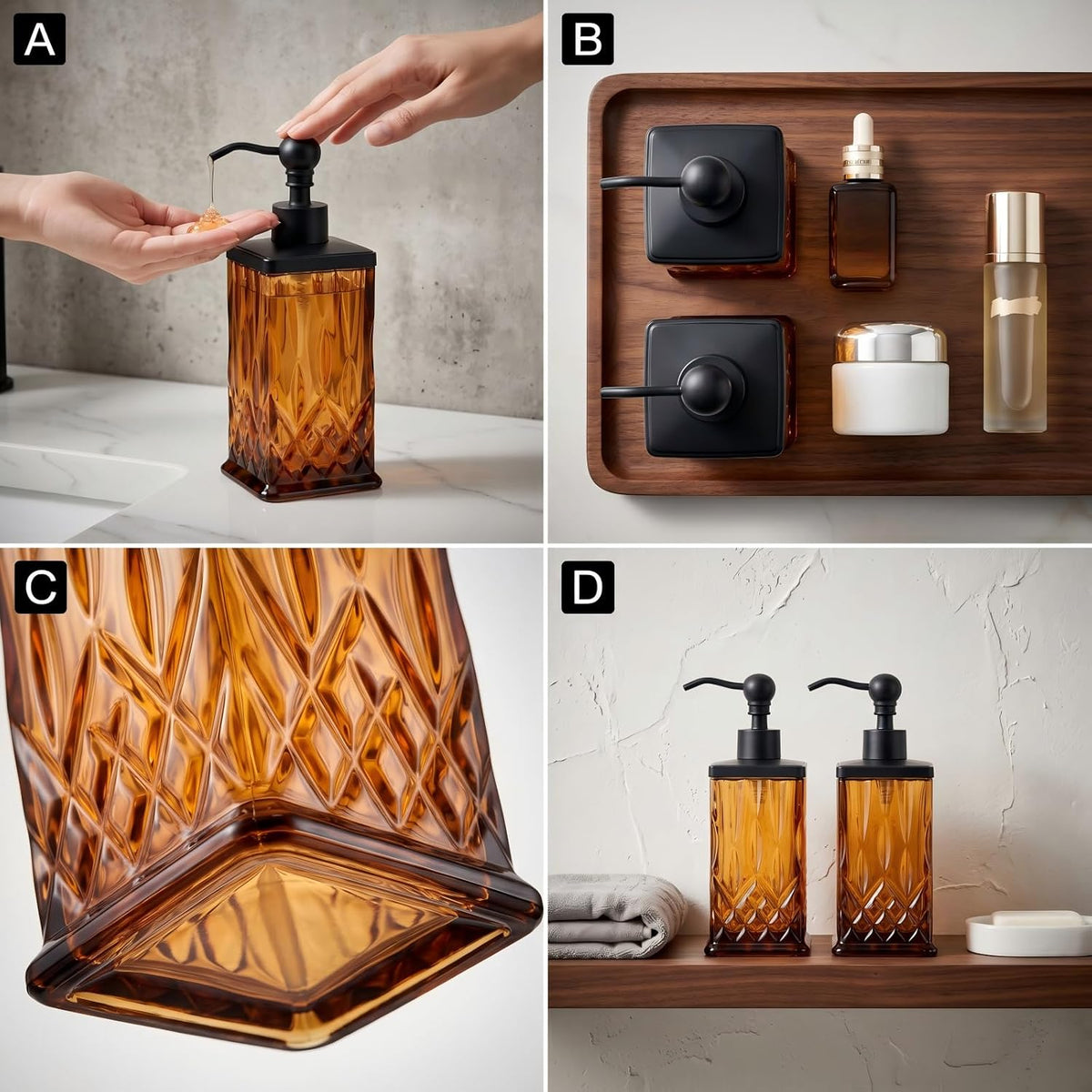 2 Pack 10Oz Amber Soap Dispenser, Square Thick Glass | Featured texture pattern, for lotion,hand soap or body wash for