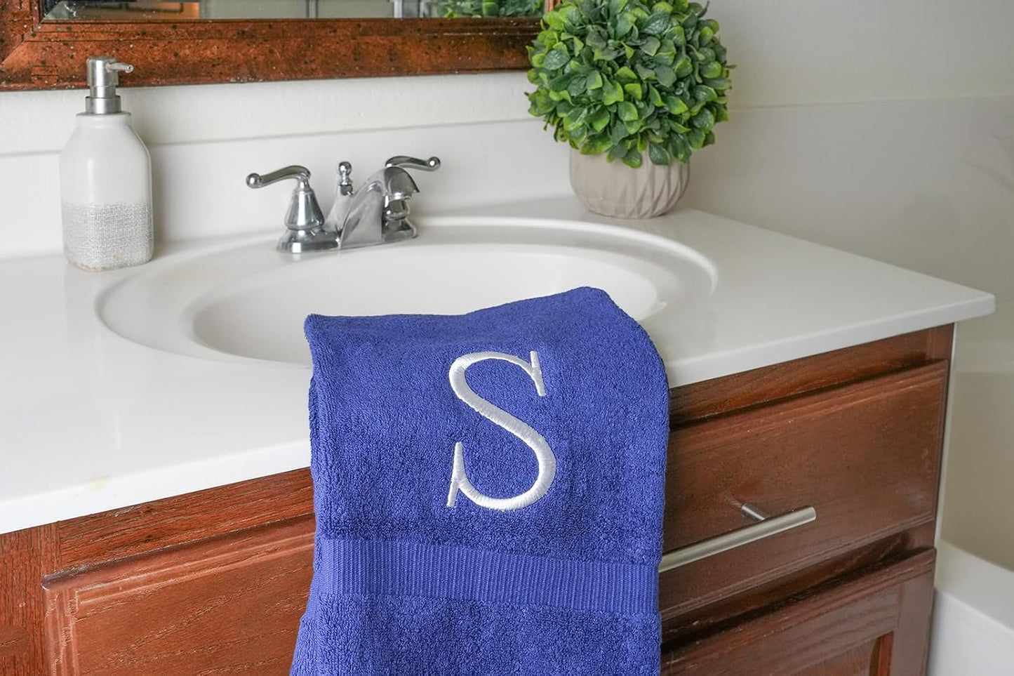 Navy with White Monogrammed Hand Towels for Bathroom - Set of 2 Letter S | Luxury Hotel Quality Initial Towels For