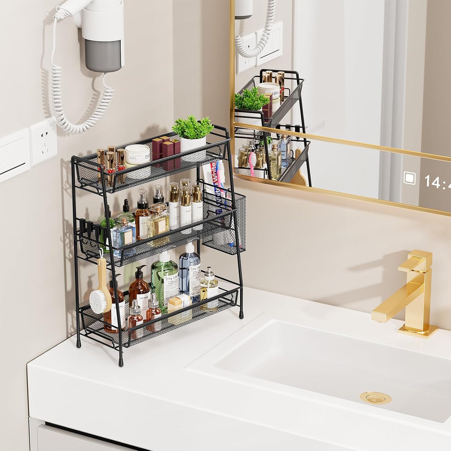 VITVITI 3 Tier Bathroom Organizer Countertop, Counter Storage Shelf, Black | Metal Wire Mesh Bathroom Counter Organizer