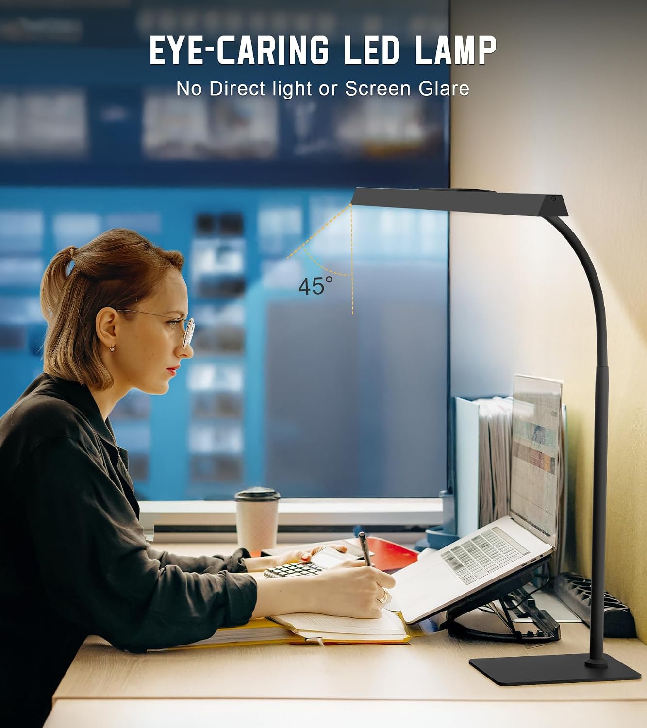 LED Desk Lamp for Home Office with Base, Eye-Caring Desk Light 12W, Black | Tall Lamp for Computer Monitor Task