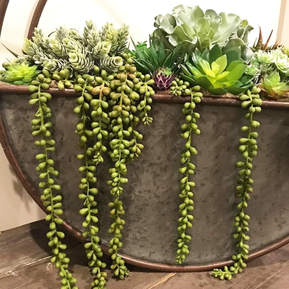 Artificial Fake String of Pearls Plant Faux Fake Hanging Succulents Plants / Green / Set of 6