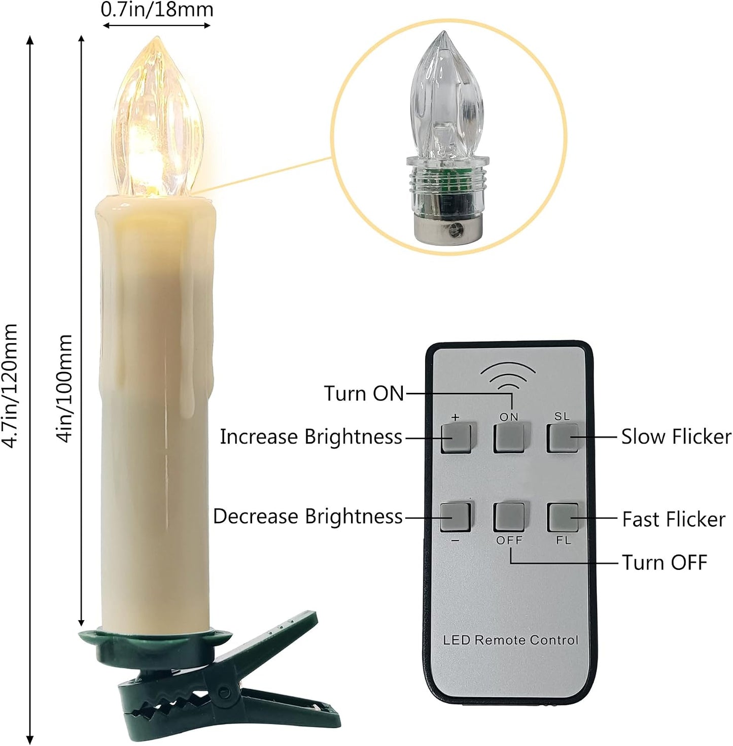 LED Taper Candles with Remote 4in, 10 Clip-On Christmas Tree Lights | Magical Floating Flameless Candle Short Battery