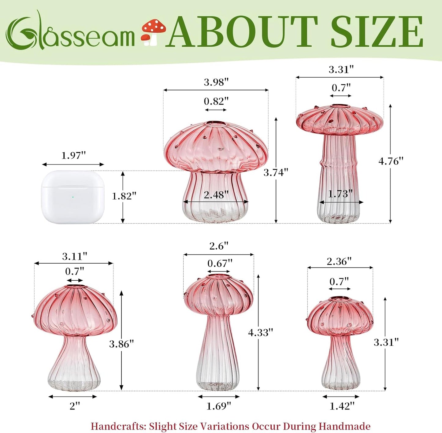 Glass Mushroom Vase / Pink / Set of 5