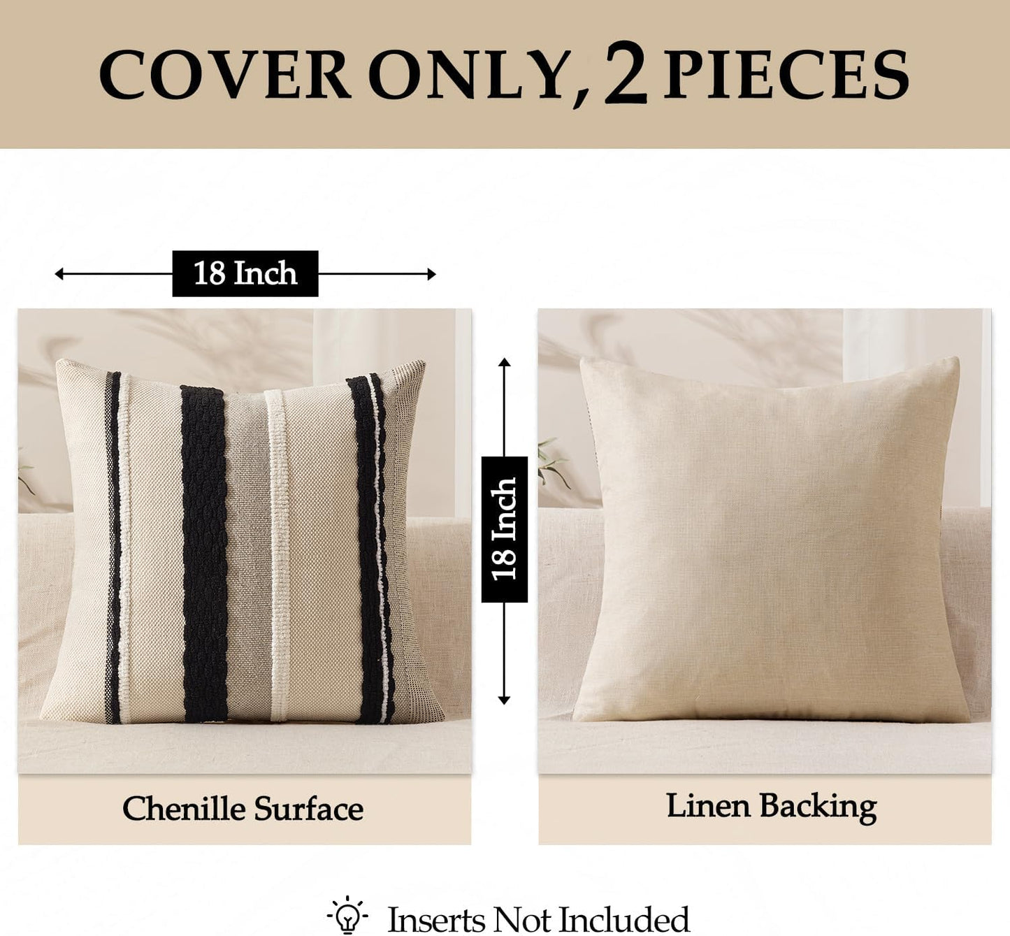 Boho Decorative Throw Pillow Covers Farmhouse Cushion / Black-white Stripe 2 / 18 x 18 / Set of 2