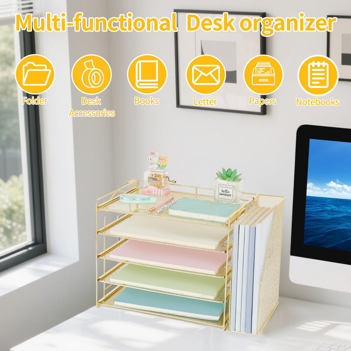 AUPSEN Gold Desk Organizers and Accessories, 5-Tier Desktop Paper File Organizer with Removable File Holder, Desk
