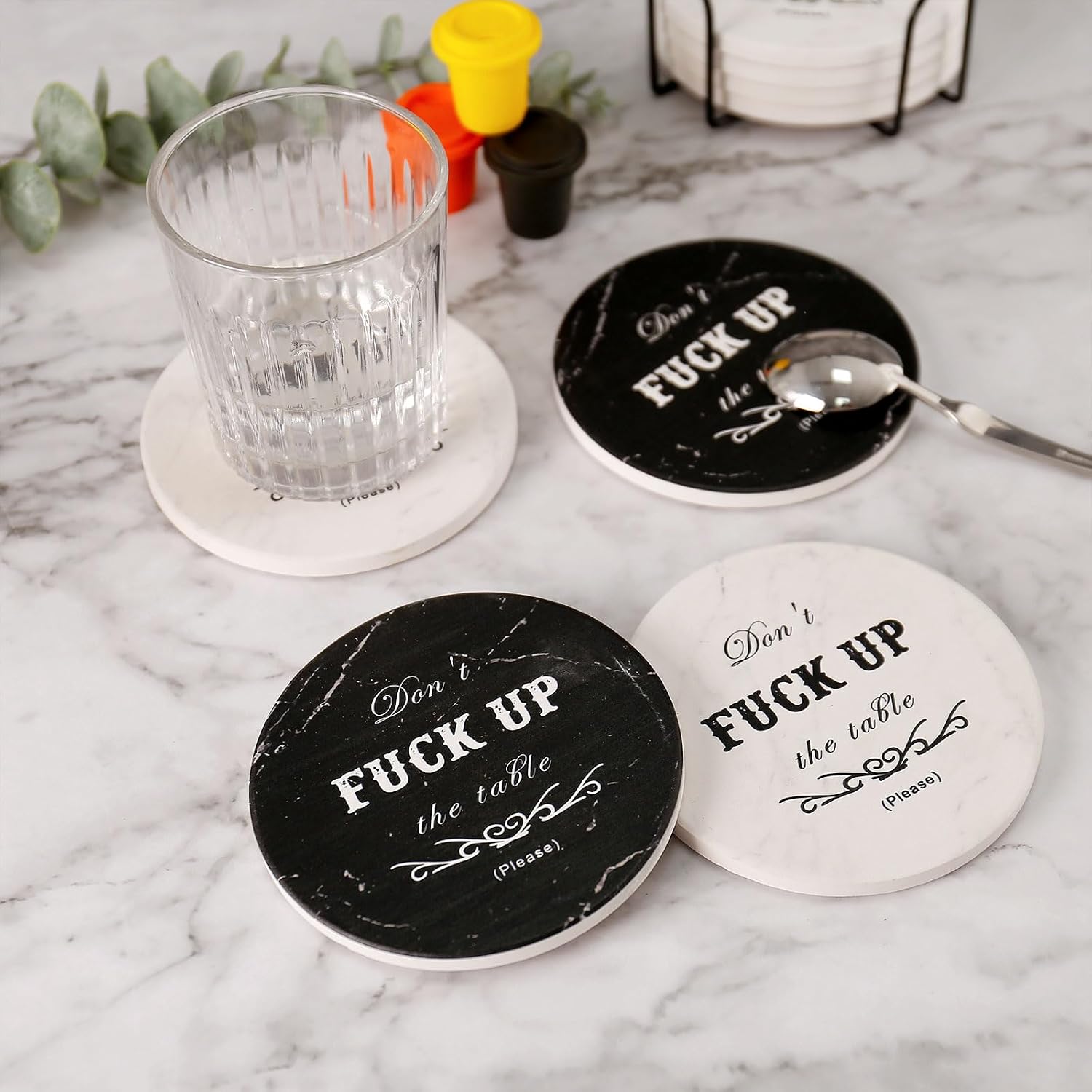 Holder / Rustic Marble Coasters / Round-black, 6 / Set of 6