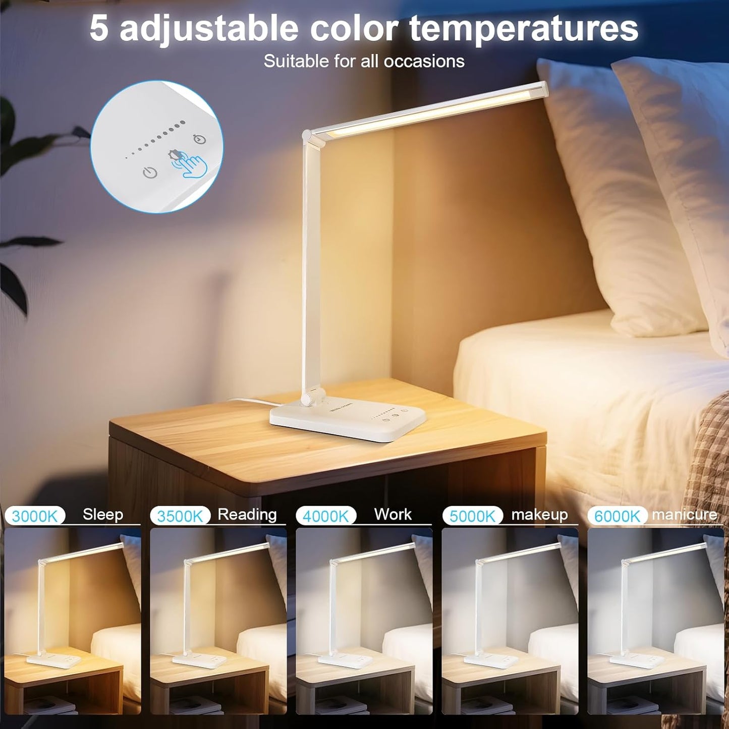 White crown LED Desk Lamp Dimmable Table Lamp Reading Lamp with USB Charging Port, 5 Lighting Modes, Sensitive Control