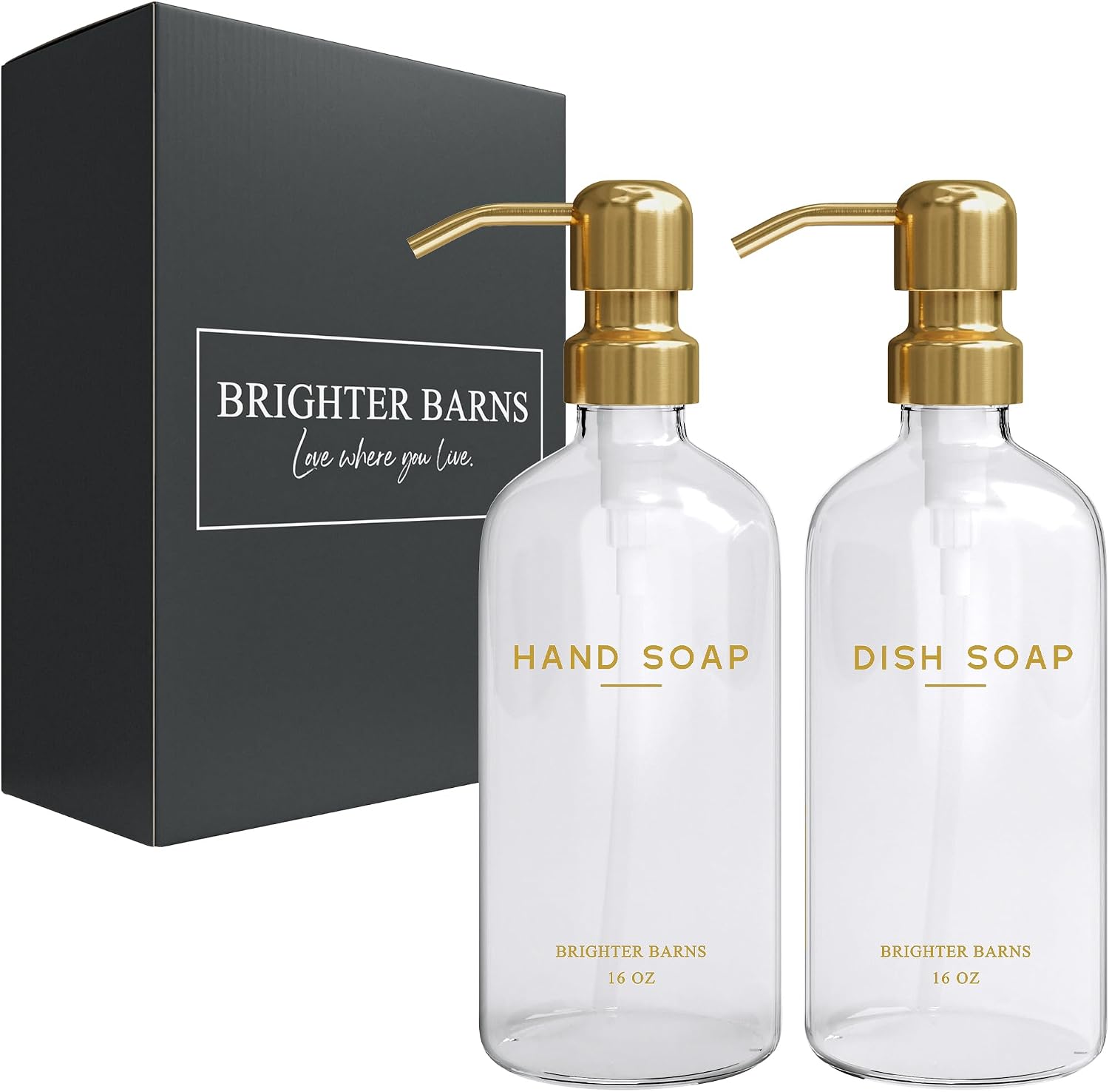 Luxury Glass Soap Dispenser Set by Brighter Barns - Hand and Dish Soap Dispenser for Kitchen Sink - Refillable Glass