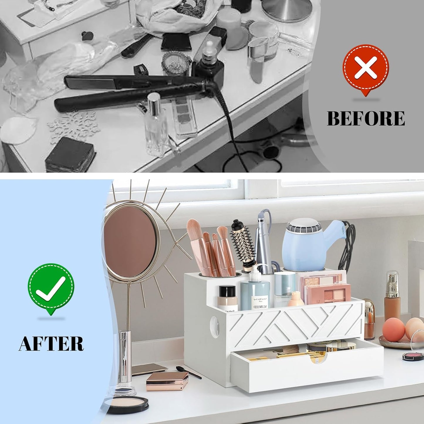 Hair Tool Organizer, Hair Dryer Holder with Drawer, Bathroom Countertop Organizer for Bathroom Accessories, Blow Dryer
