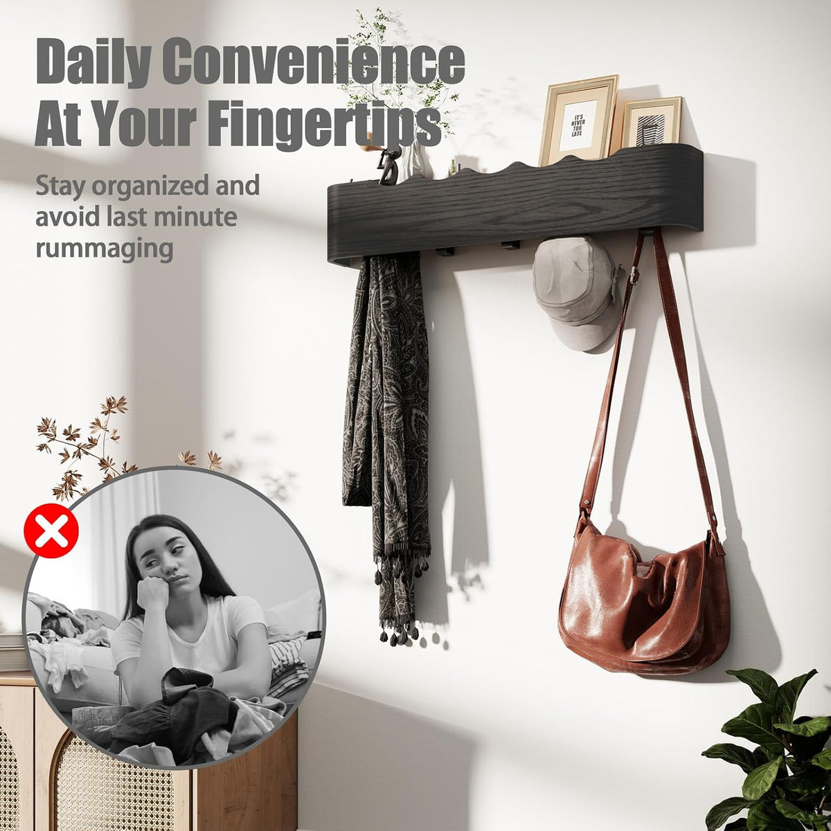 Coat Rack Wall Mount with Shelf 5 Hidden Hooks Modern Wooden Key Holder Entryway Organizer for Hallway Bedroom Bathroom