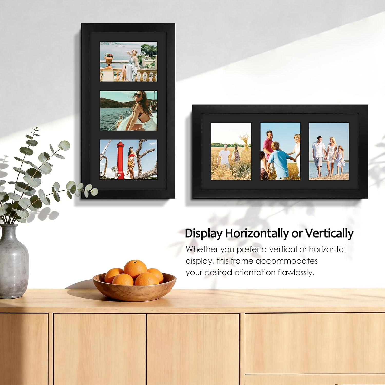 Golden State Art 9x18 Black Wood Frame - for Three 5x7 Pictures, 3 Pack | Black Mat,Matted to 3 5x7 Picture,Solid Wood