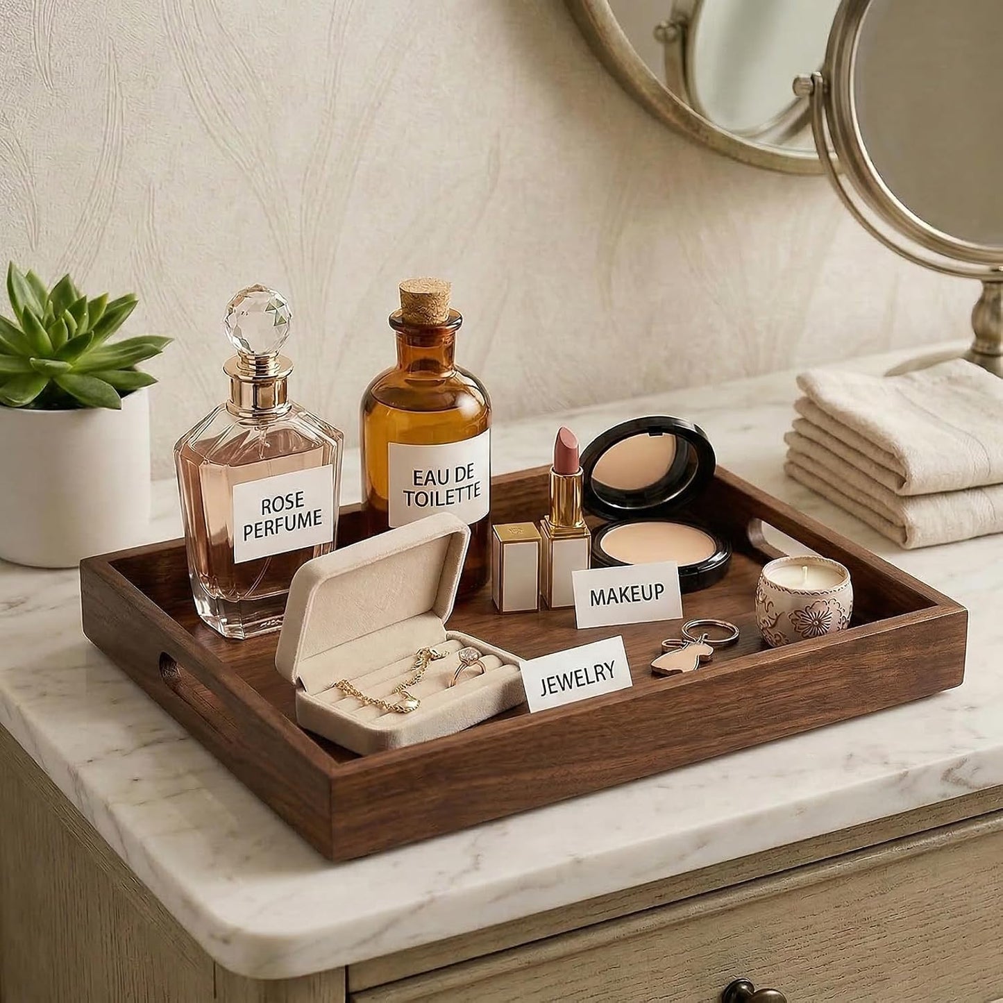 Bamboo Wood Display Tray for Dresser / Vintage / Natural / 11.4 x 7.9