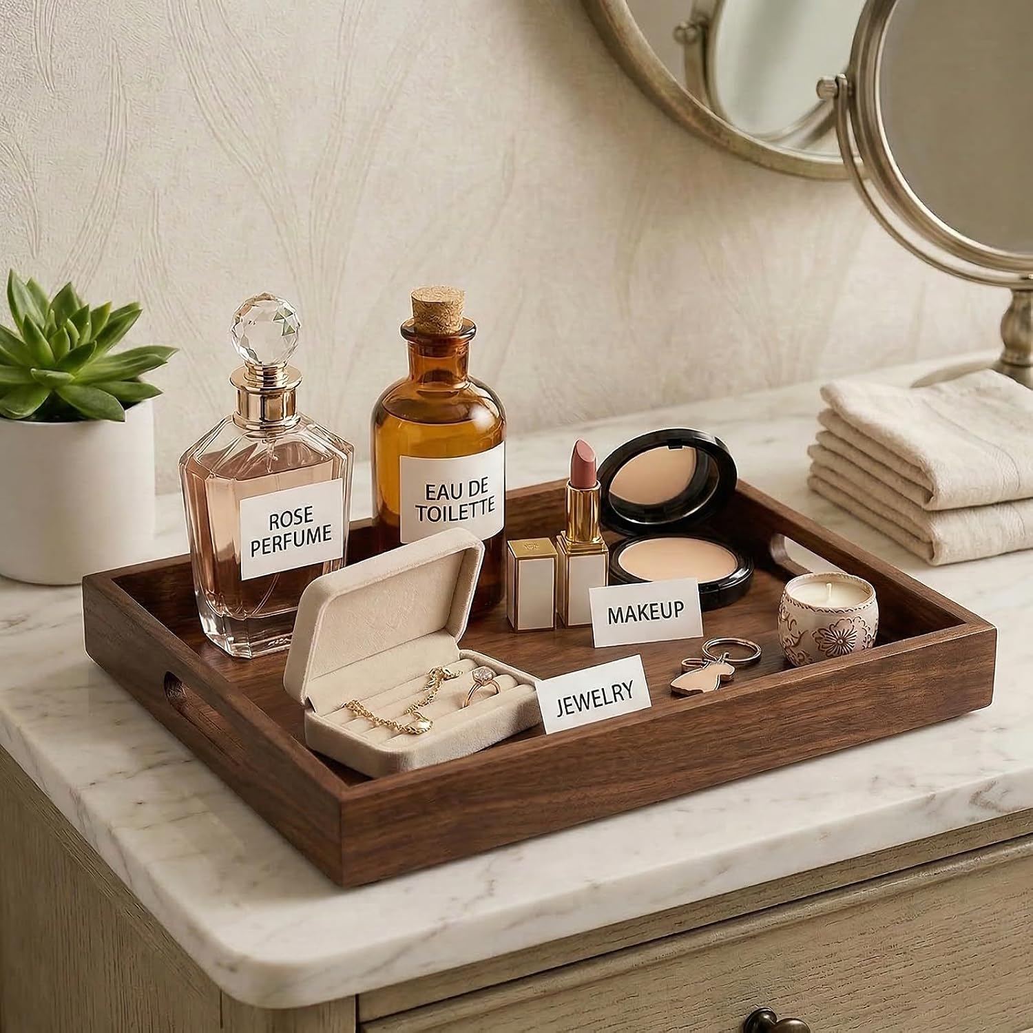 Bamboo Wood Display Tray for Dresser / Vintage / Natural / 11.4 x 7.9