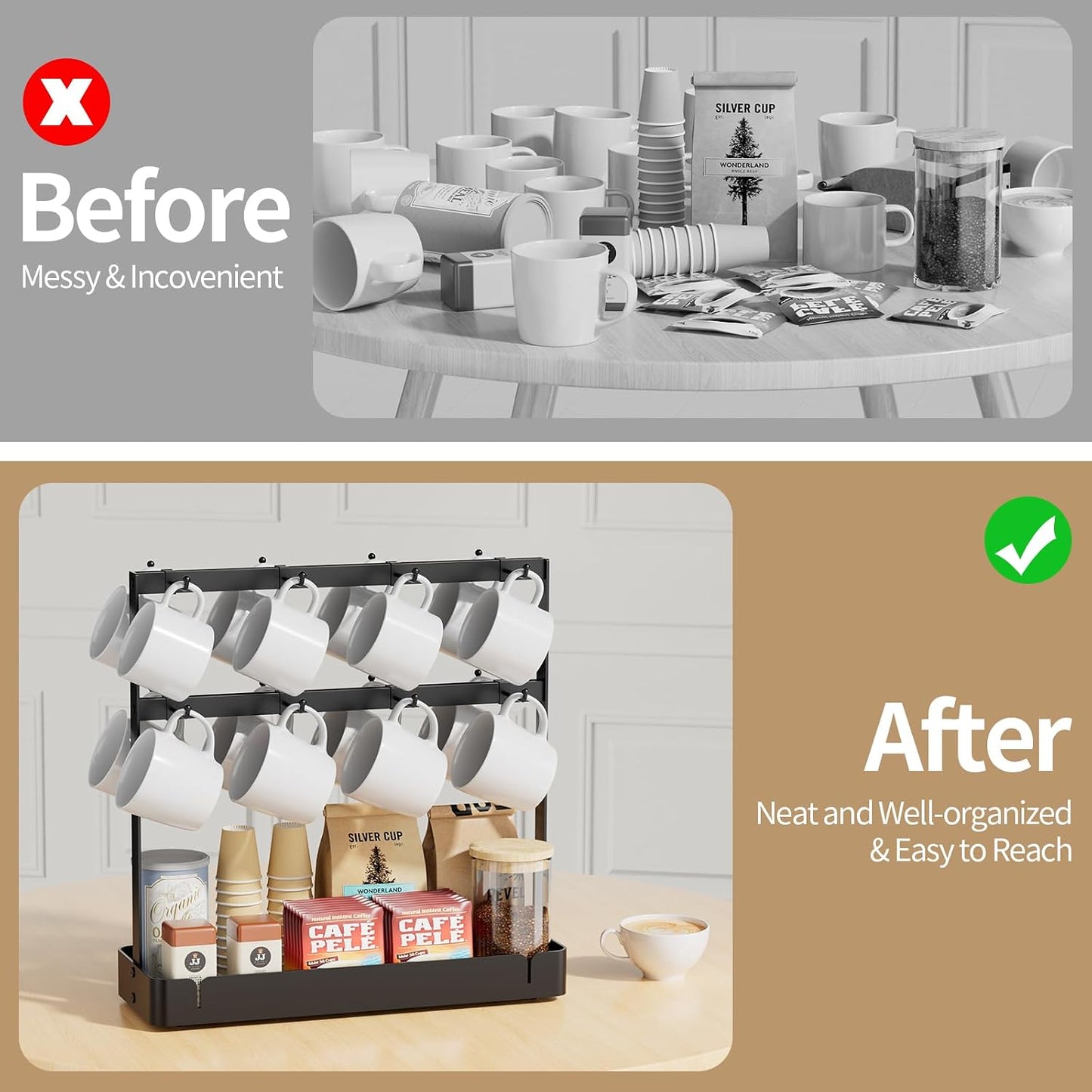 Coffee Mug Holder, 2 Tier Metal Mug Rack with 16 Movable Hooks | Extra Cup Holder for Countertop, Organize Coffee Mugs