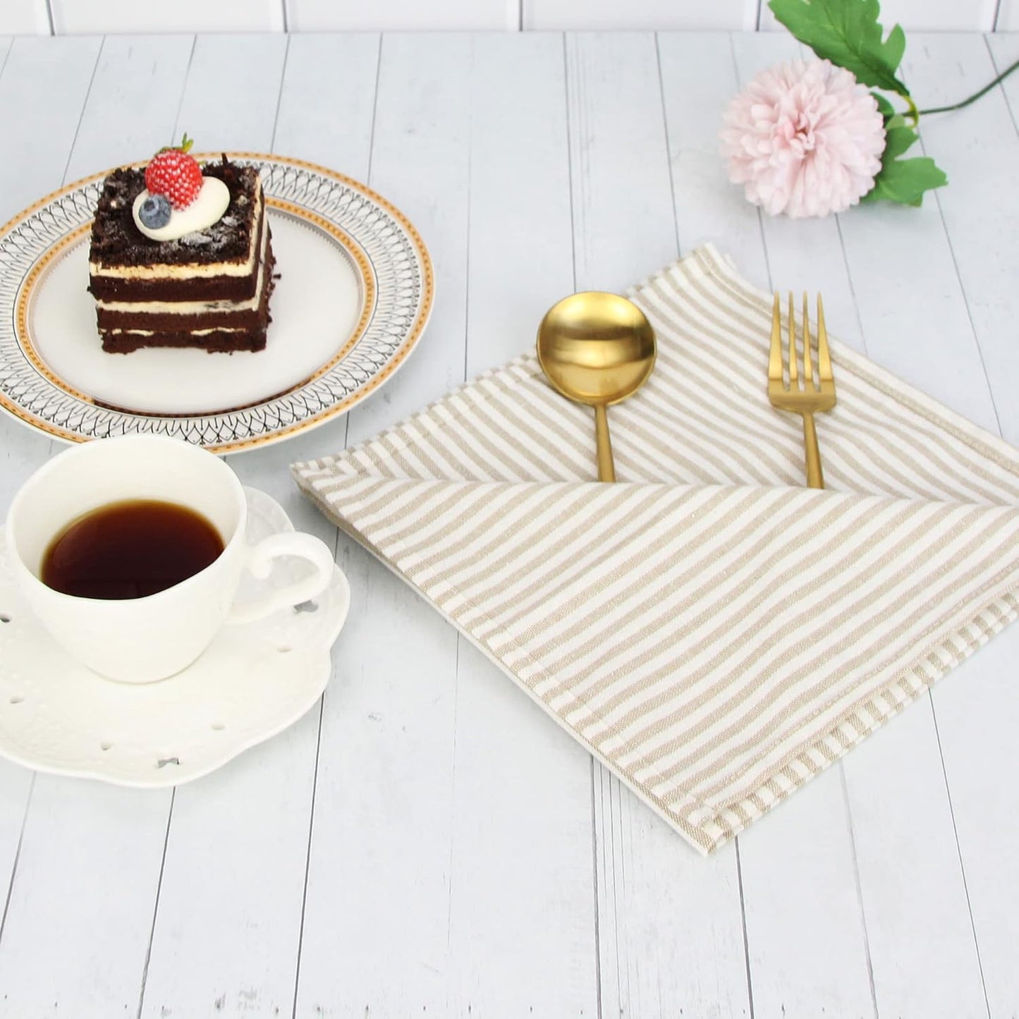 Plain Striped Cotton Linen Blended Dinner Cloth Napkins - Set of 12 (17 x 17 inches) - for Events & Home Use (Beige)
