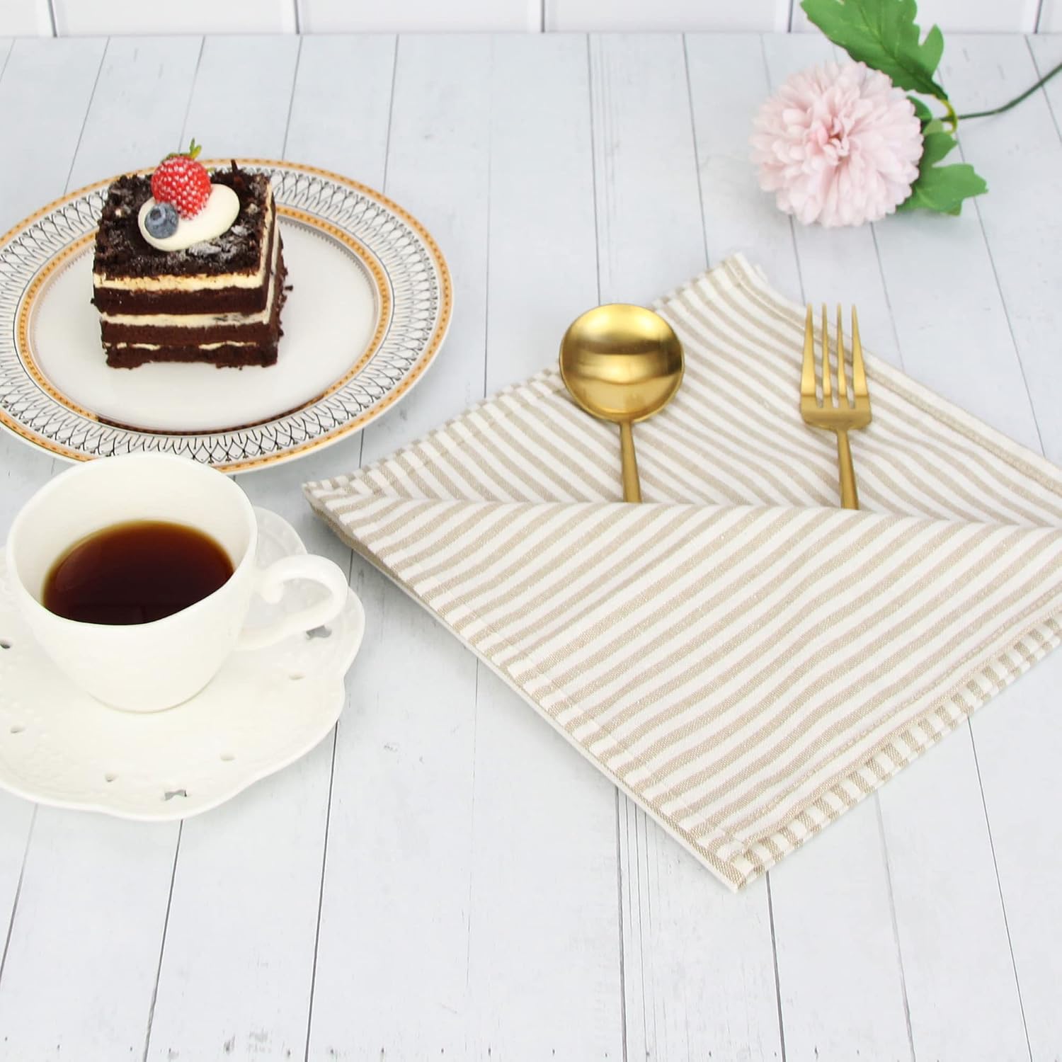 Plain Striped Cotton Linen Blended Dinner Cloth Napkins - Set of 12 (17 x 17 inches) - for Events & Home Use (Beige)