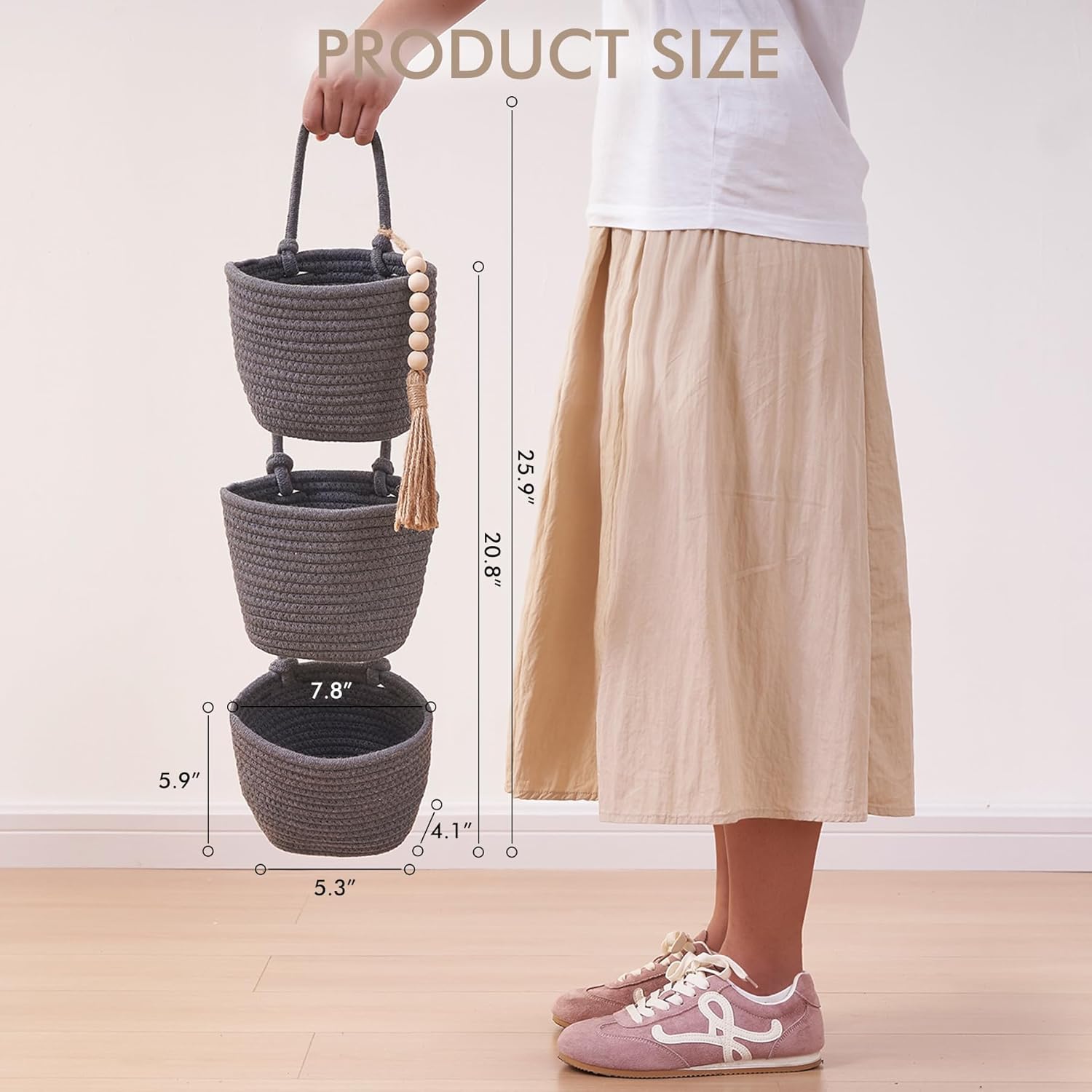 Woven Baskets Pouches Set Boho Style Wall Mounted Bag / Gray & Black / Small