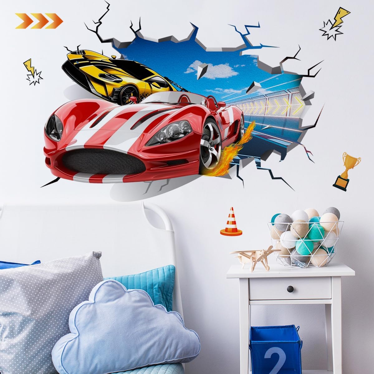 3D Racing Car Wall Decals Wheels Vehicles Car Wall Art Stickers for Boys Room Adults Kids Bedroom