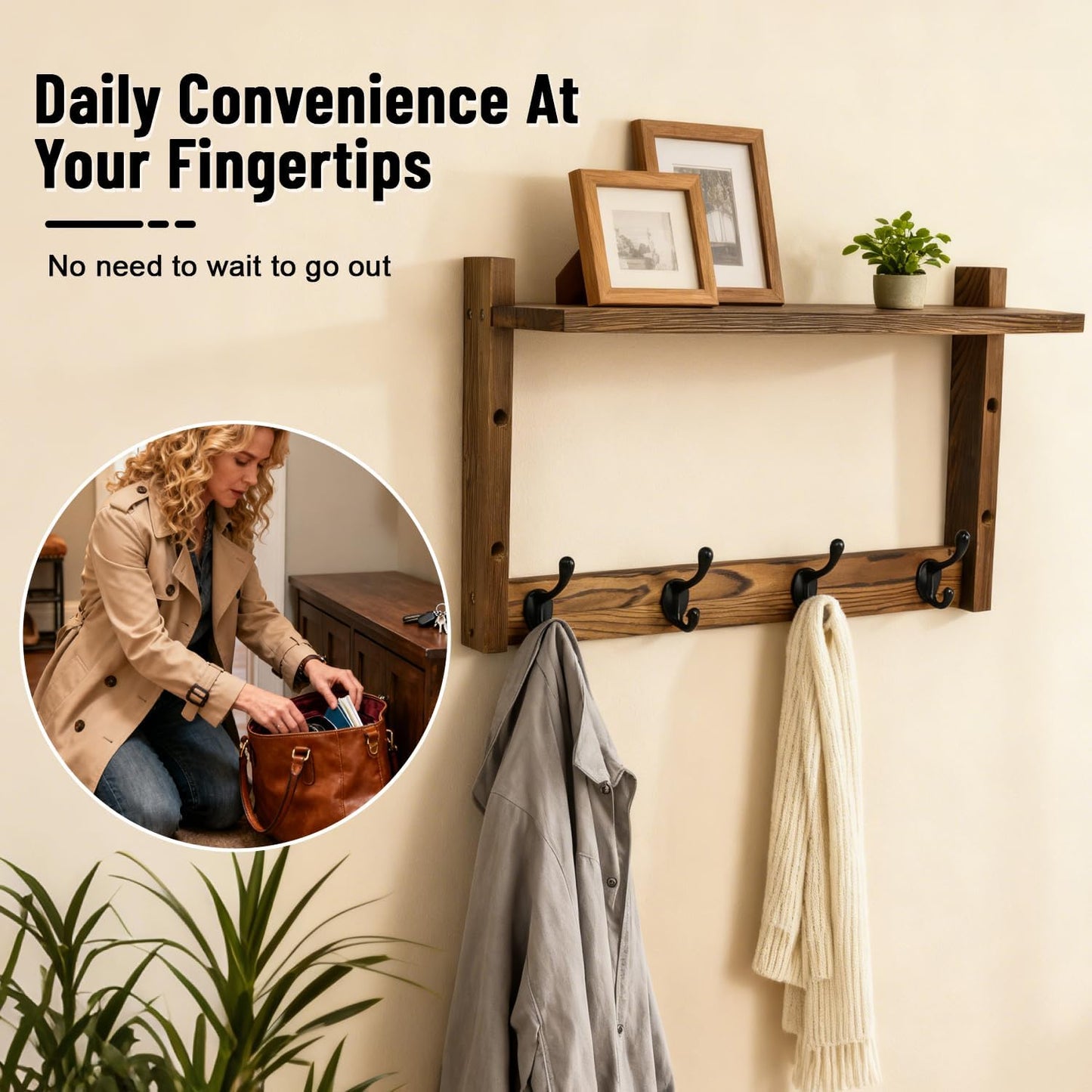 Entryway Key Holder Wall Mount Wood Wall Coat Hooks / Brown / 28 Inch