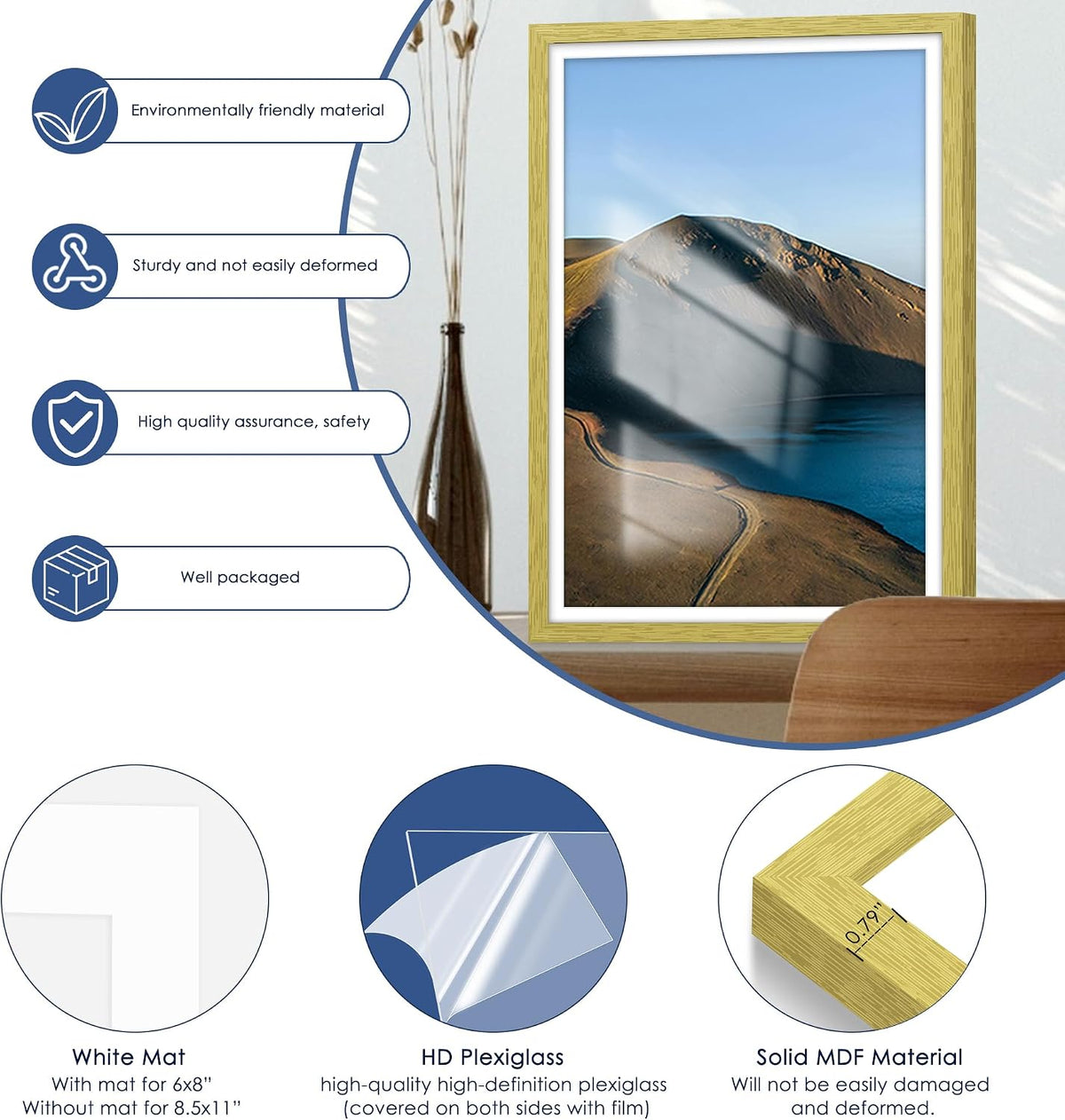 12x18 Picture Frame Set of 6, Wall Mount Display, Gold | Display Pictures 11x17 with Mat or 12x18 Without Mat
