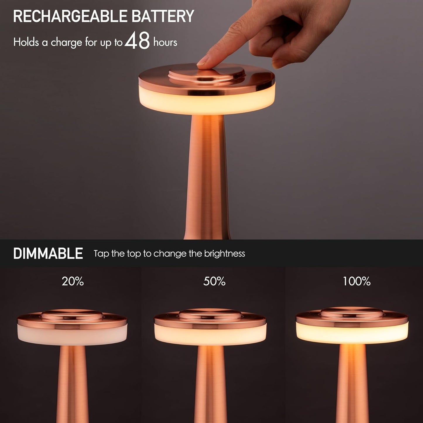 O’Bright Portable LED Table Lamp with Touch Sensor, 3-Levels Brightness, Rechargeable Battery Up to 48 Hours Usage