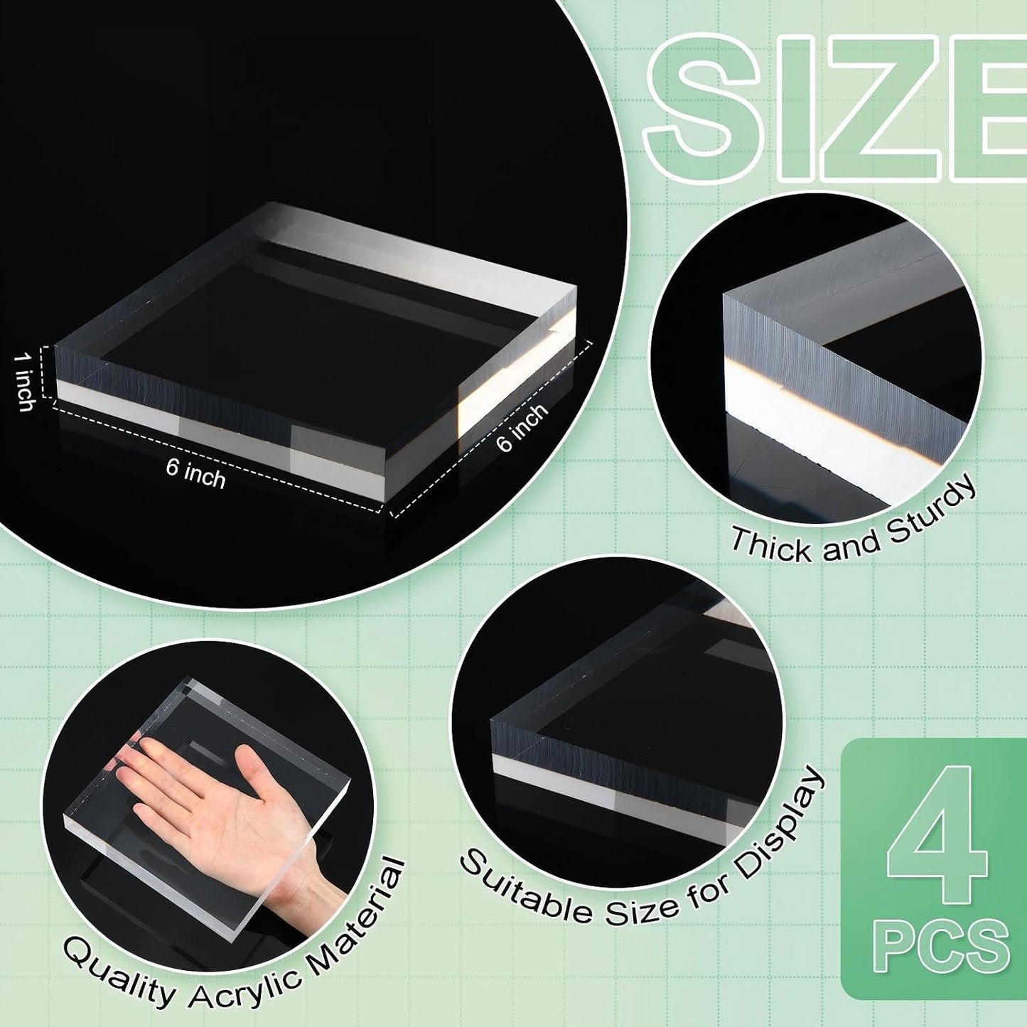 Qunclay 4 Pcs 6 x 6 x 1 Inches Acrylic Square Display Block Clear Polished Acrylic Cubes Jewelry Display Stand for