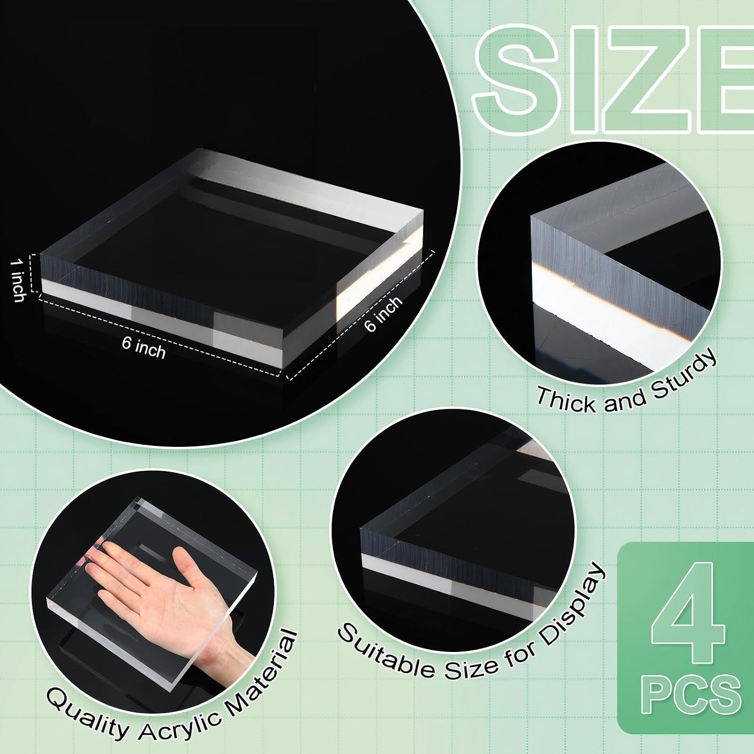Qunclay 4 Pcs 6 x 6 x 1 Inches Acrylic Square Display Block Clear Polished Acrylic Cubes Jewelry Display Stand for