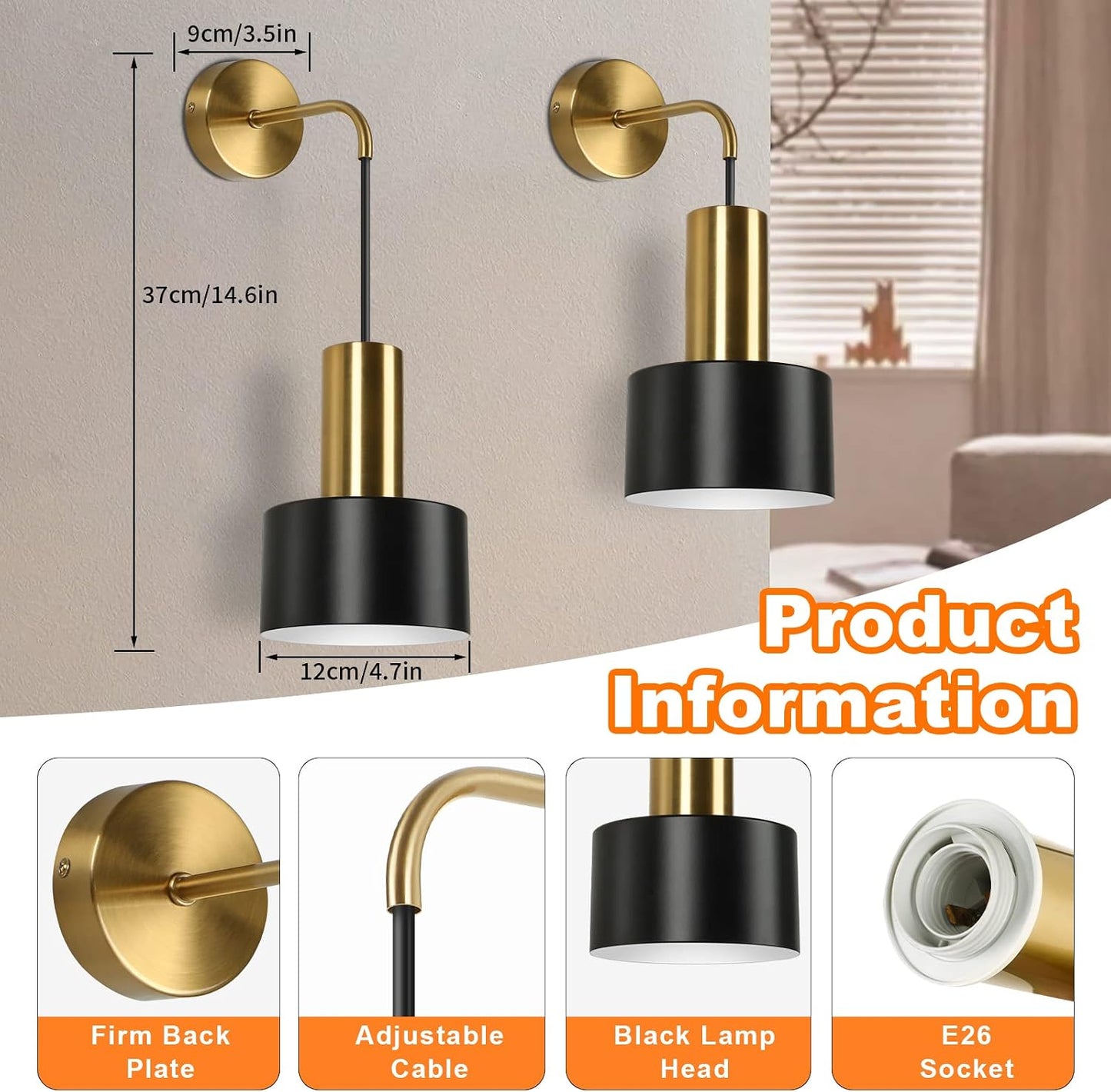 VerRon Battery Operated Wall Sconces Set of 2 with Remote and LED Bulbs | Black and Gold Wireless Wall Lamp Indoor
