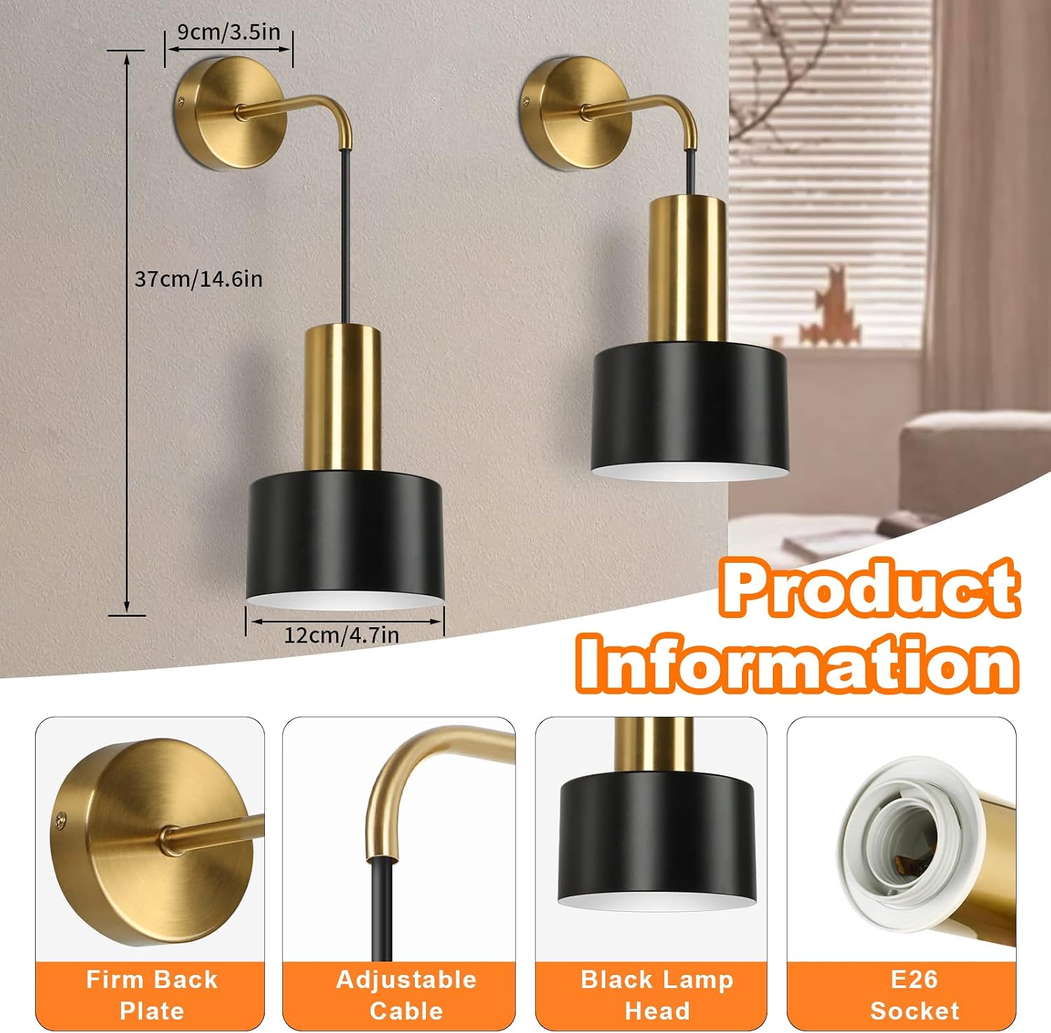 VerRon Battery Operated Wall Sconces Set of 2 with Remote and LED Bulbs | Black and Gold Wireless Wall Lamp Indoor