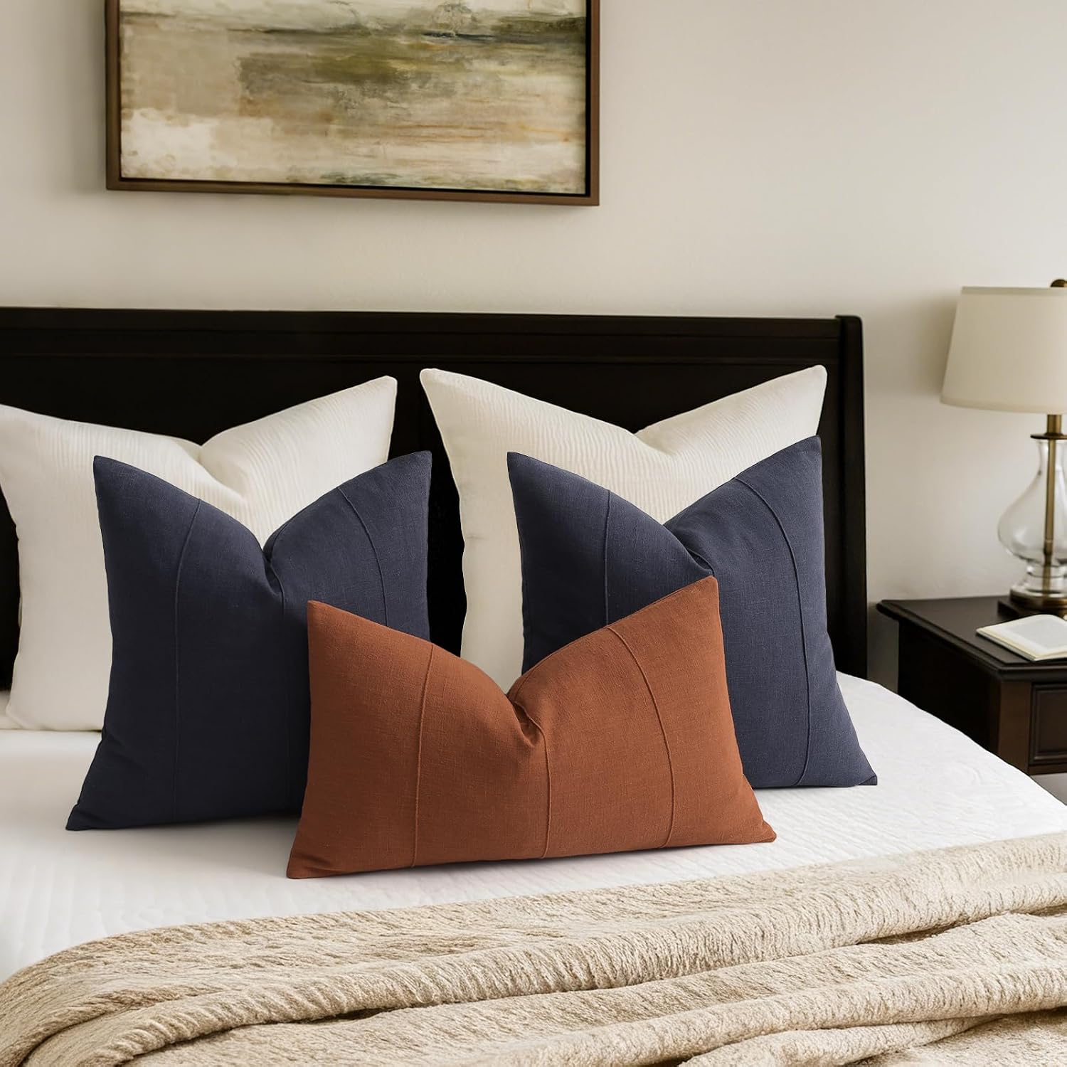 Decorative Linen Throw Pillow Covers Solid Handcrafted Striped / Dark Navy / 18 x 18 / Set of 2