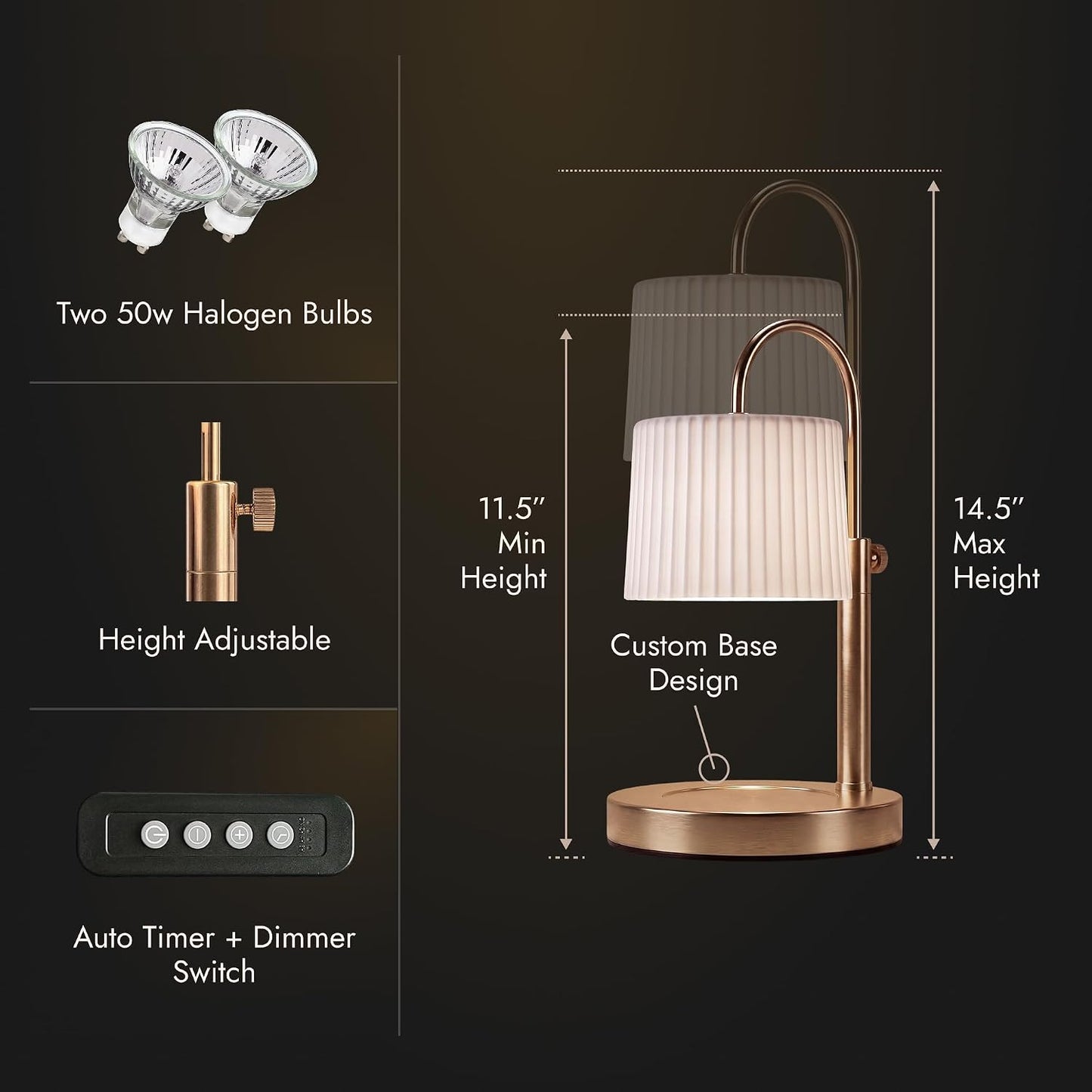 Dimmable Glass Candle Warmer Lamp with Timer - Adjustable Height Candle Lamp Warmer with Timer (8H/4H/2H) - Wax Melter
