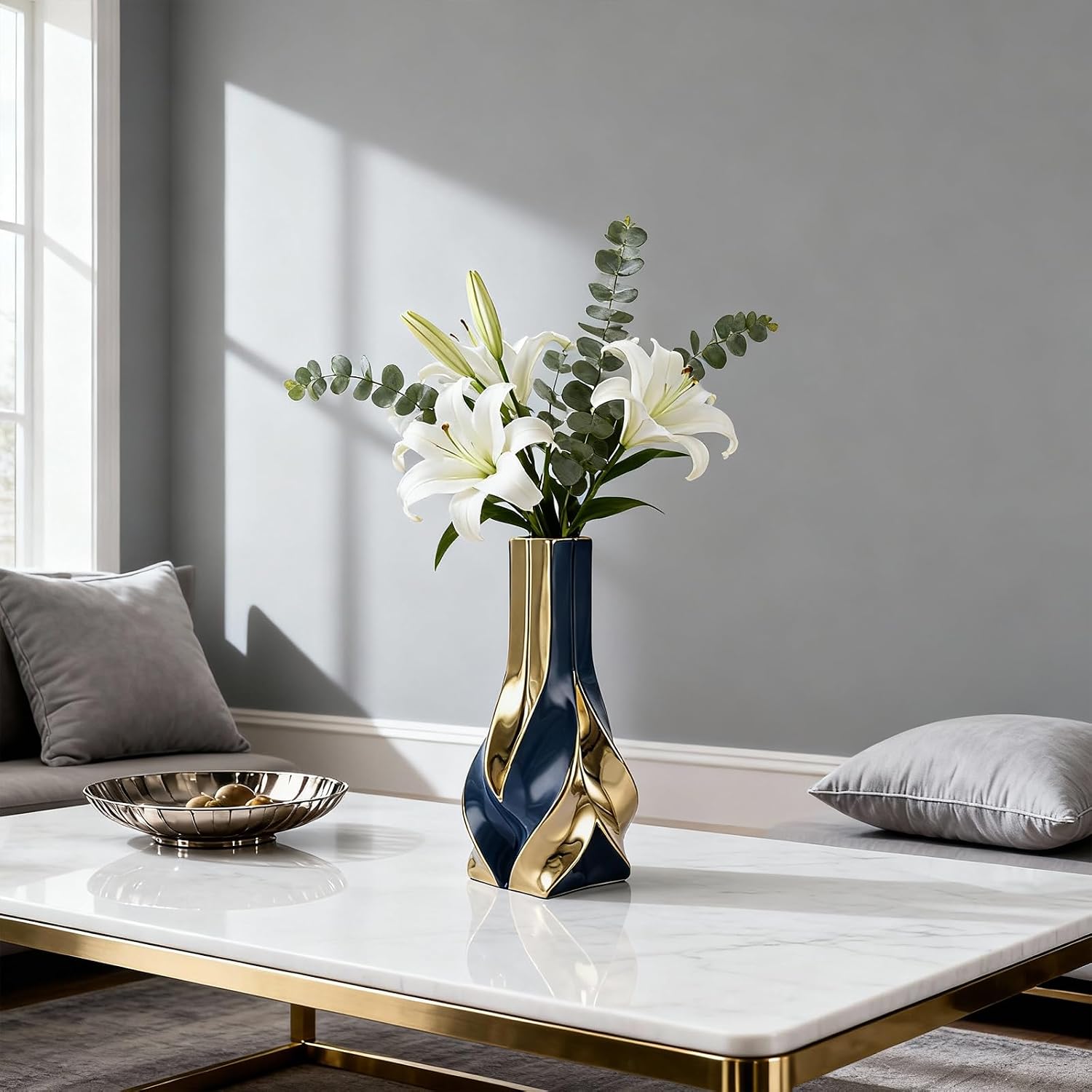 10.6" Blue and Gold Ceramic Vase / Blue Gold