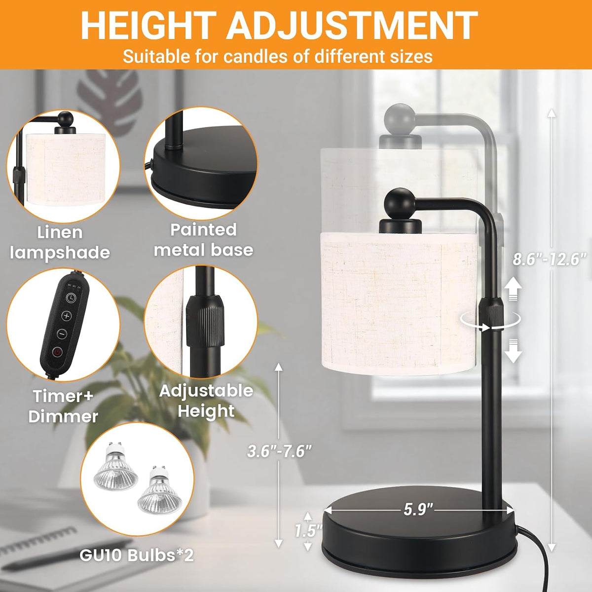 2 Pack Candle Warmer Lamp with Timer - Dimmable & Height Adjustable, Flame-Free Wax Warmer for Safe Use with Jar
