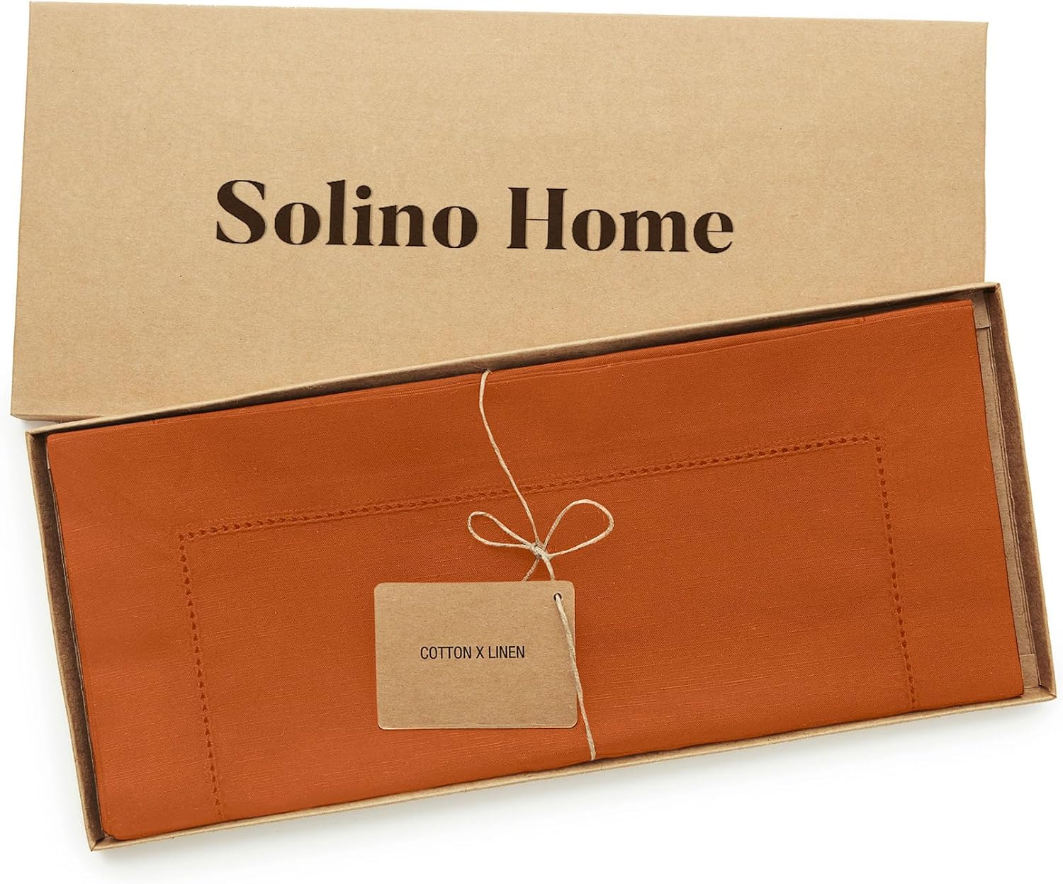 Solino Home Cotton Linen Dining Table Runner Cinnamon Hemstitch, 14 x 90 in | Cotton Linen Hemstitch Table Runners for