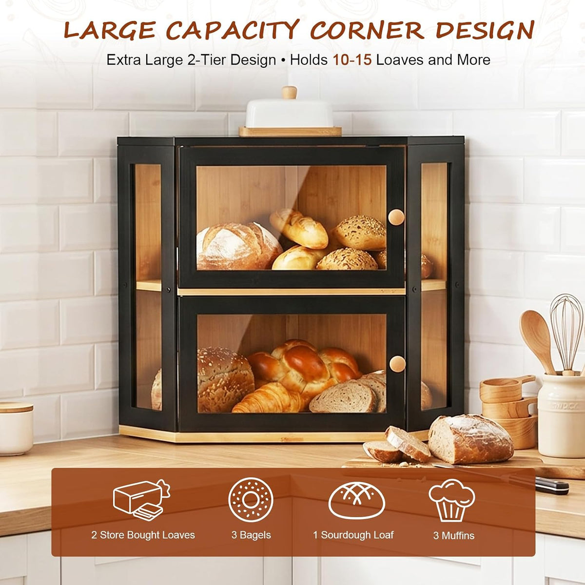 Black Corner Bread Box for Kitchen Countertop,Large Bread box | 2 Tier Bamboo Wood Corner Bread Box for Homemade Bread
