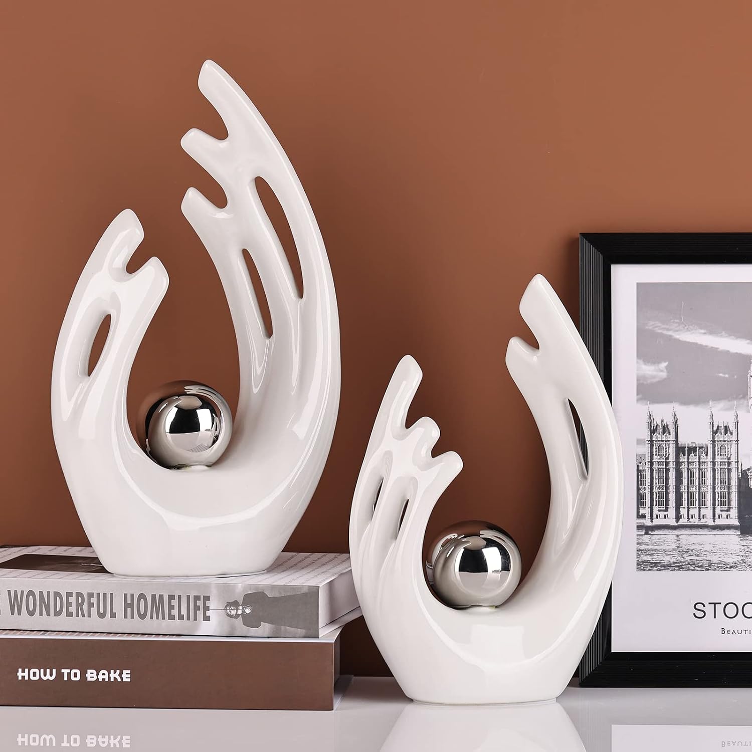 Abstract Art Ceramic Statue / White Silver / Large / 12 Inch