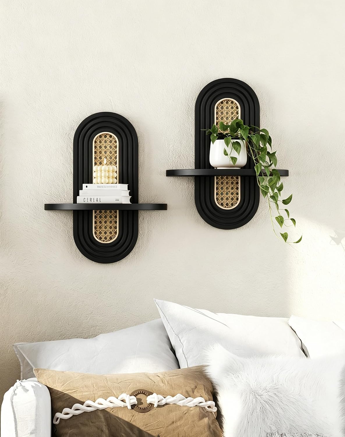 Floating Shelves / Rattan Plant Shelf / Black / Set of 2