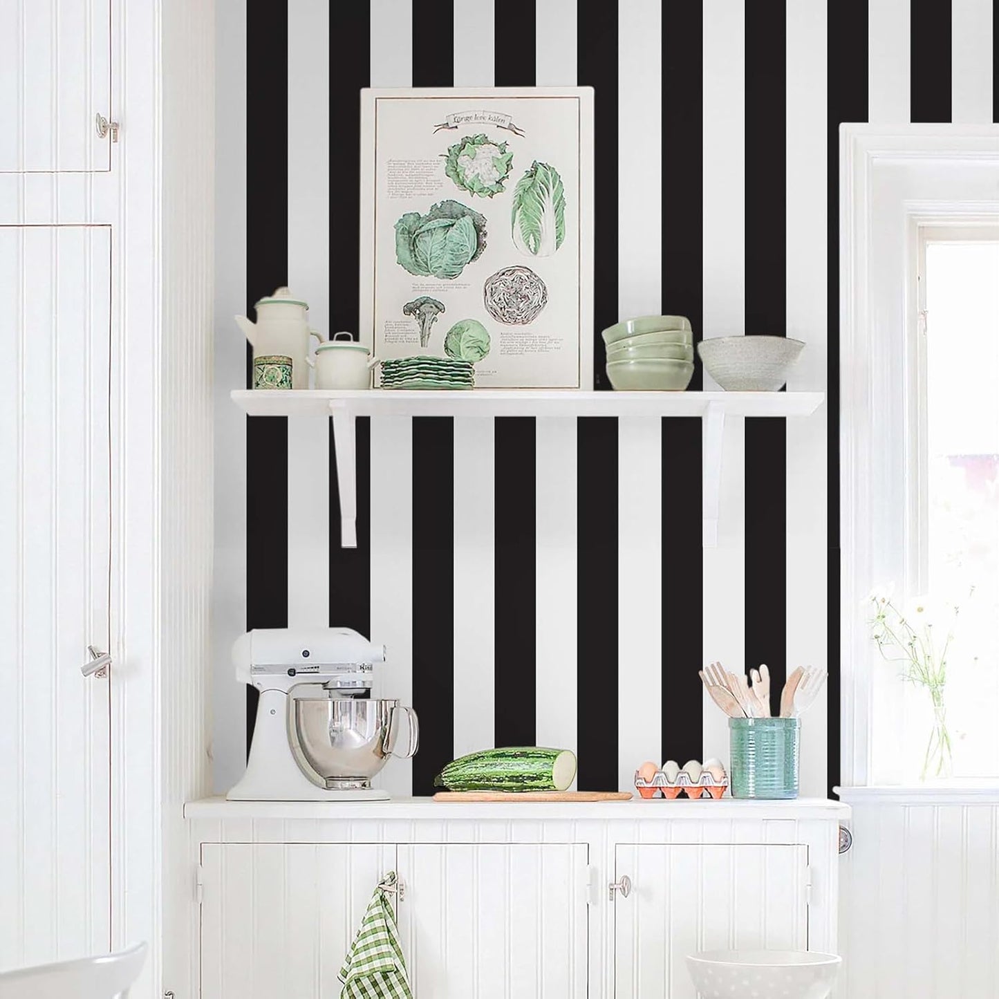 Black and White Wallpaper Peel and Stick Striped Contact Paper for Cabinets / 18 x 197 / Black/white