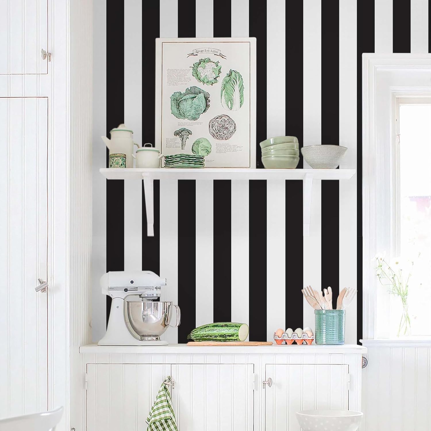 Black and White Wallpaper Peel and Stick Striped Contact Paper for Cabinets / 18 x 197 / Black/white