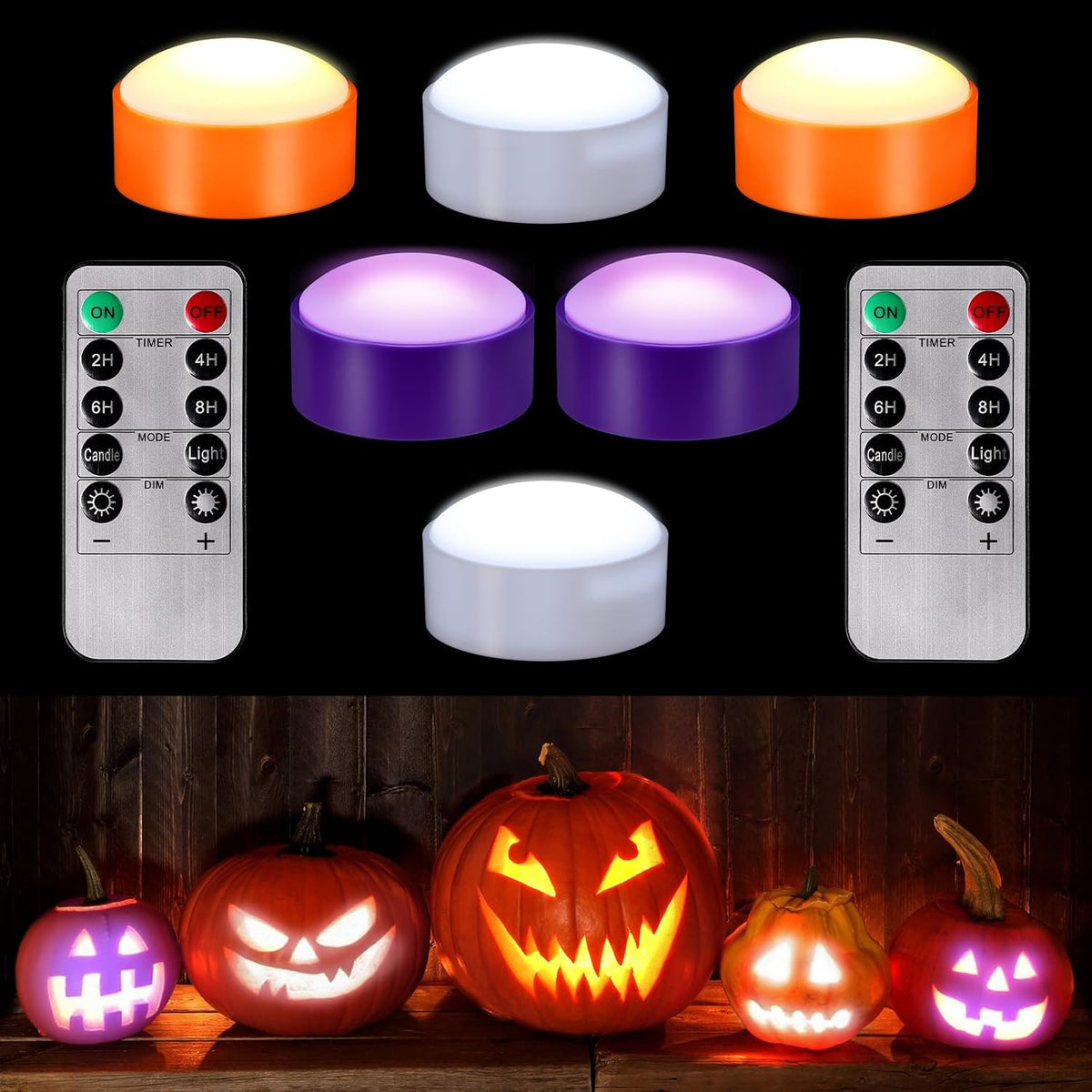 Riakrum 6 Pack Halloween Pumpkin LED Lights, White, Orange, Purple