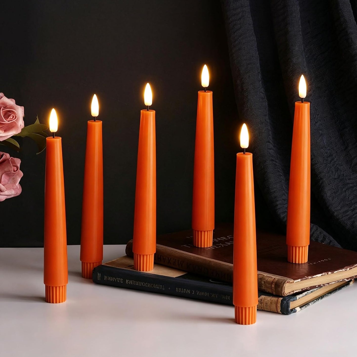 Short Burnt Orange Fall LED Taper Candles with Remote Set of 6 | Flickering Halloween LED Candlesticks, Real Wax