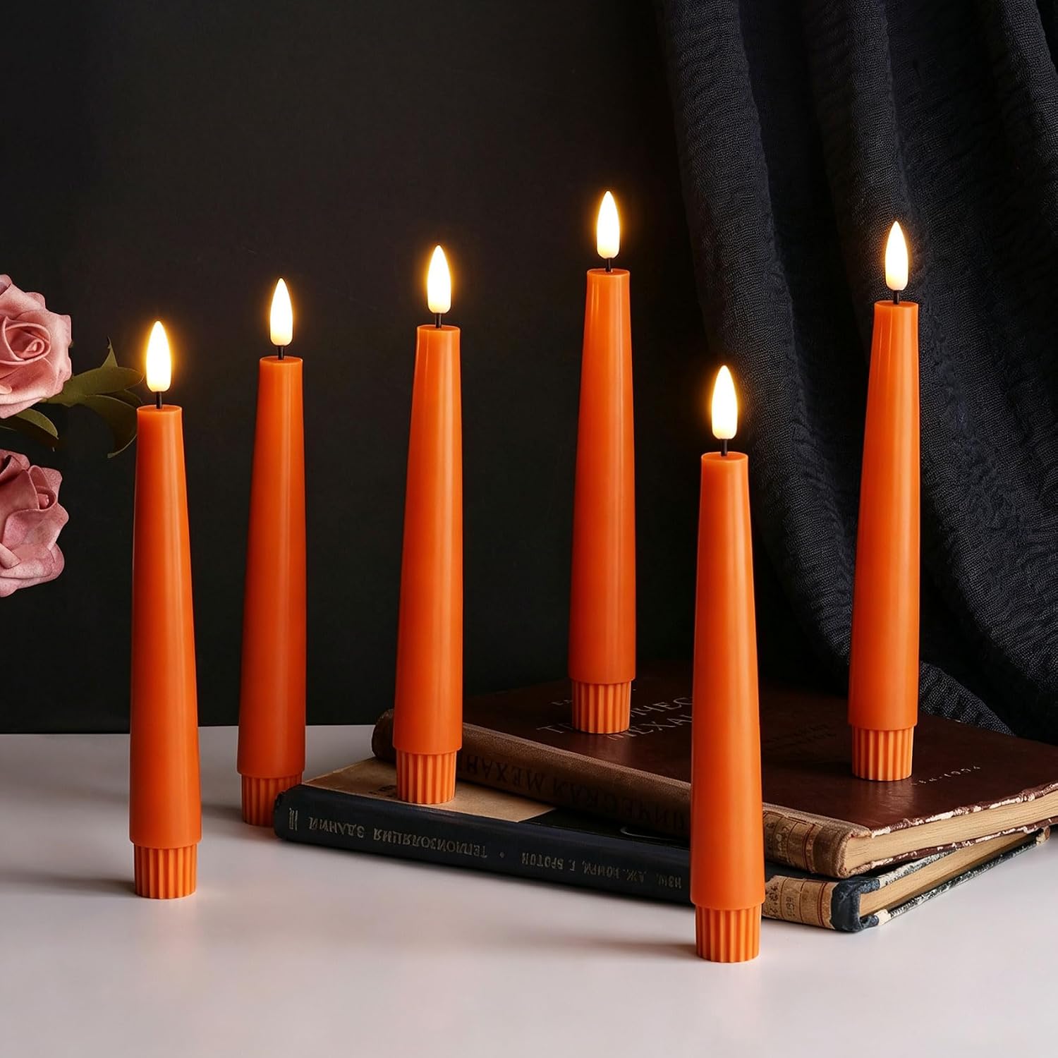 Short Burnt Orange Fall LED Taper Candles with Remote Set of 6 | Flickering Halloween LED Candlesticks, Real Wax