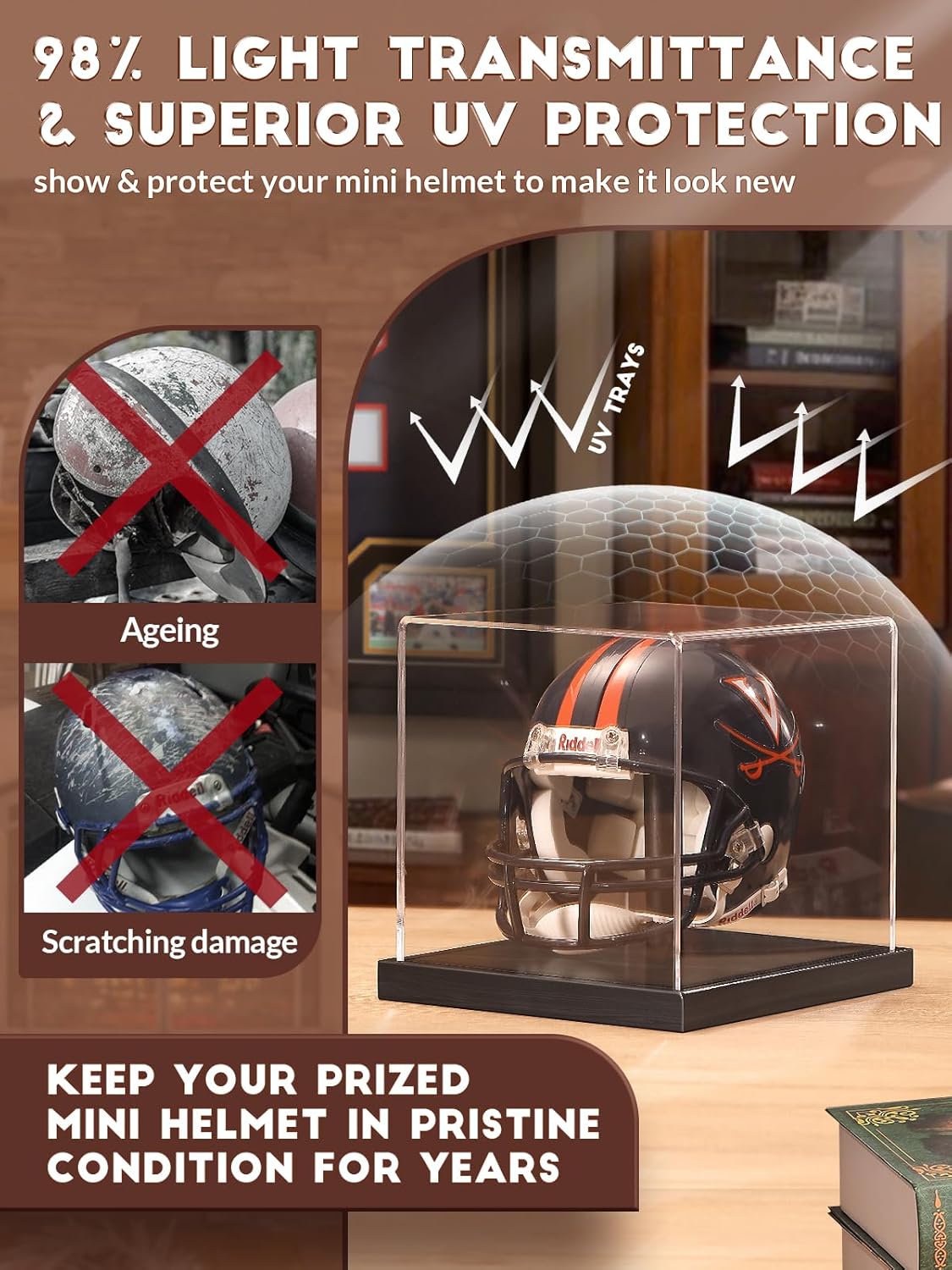 Mini Helmet Display Case, Acrylic Clear 1/2 Football Baseball Helmet Showcase, UV Protection Souvenirs and Collectibles