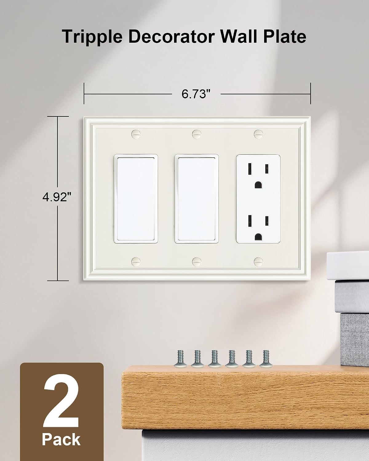 2-Pack Zinc Alloy Tripple Decorator Outlet Cover Plate, Solid Switch Cover | Durable Wall Plates for Electrical